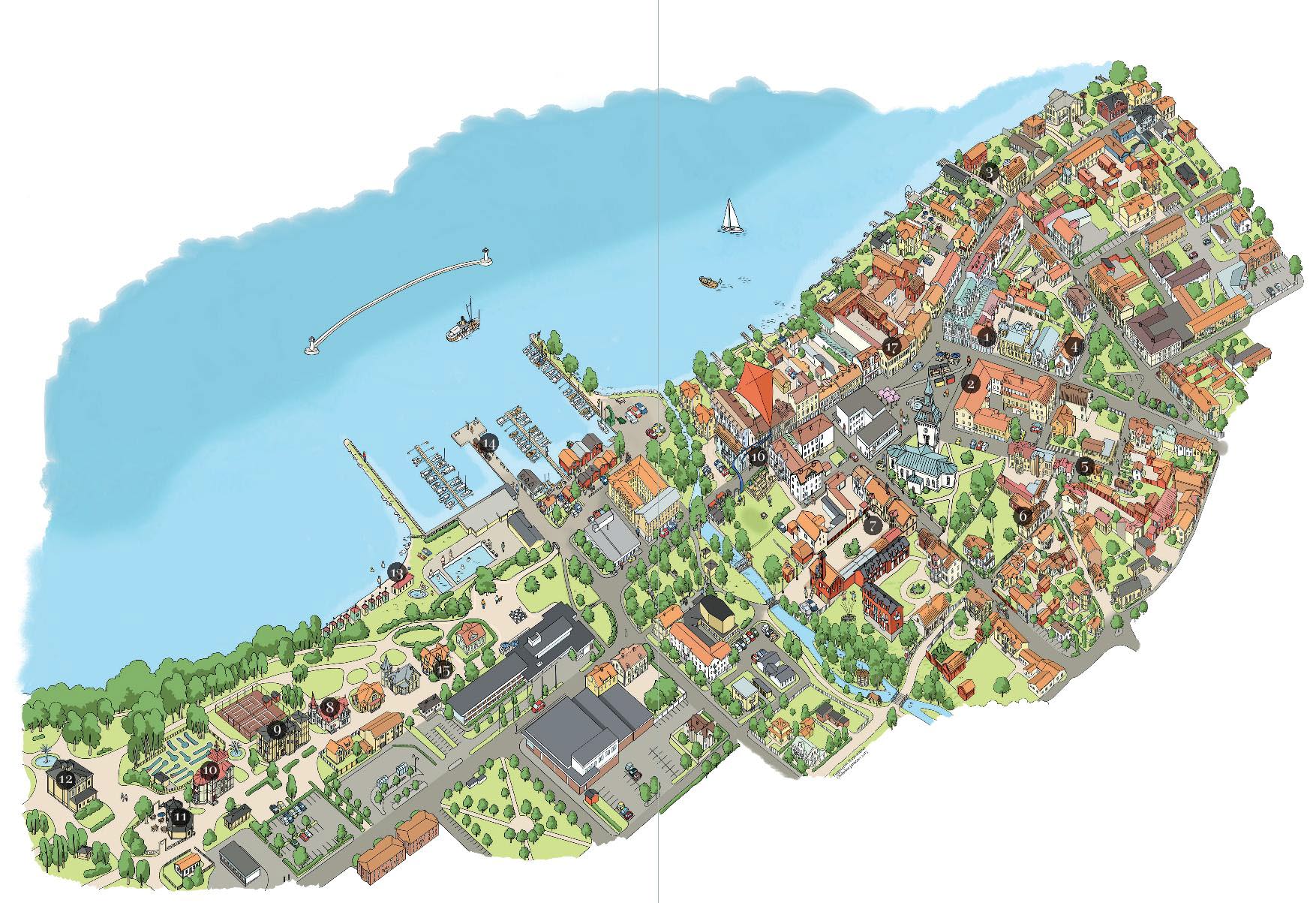 Tecknad karta över trästaden i Hjo med 17 stopp för guidetur med egen hand.