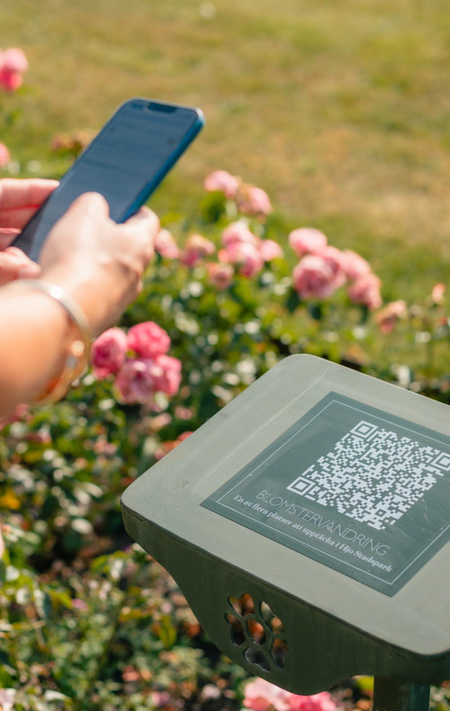 Person som skannar en qr-kod på en skylt. 