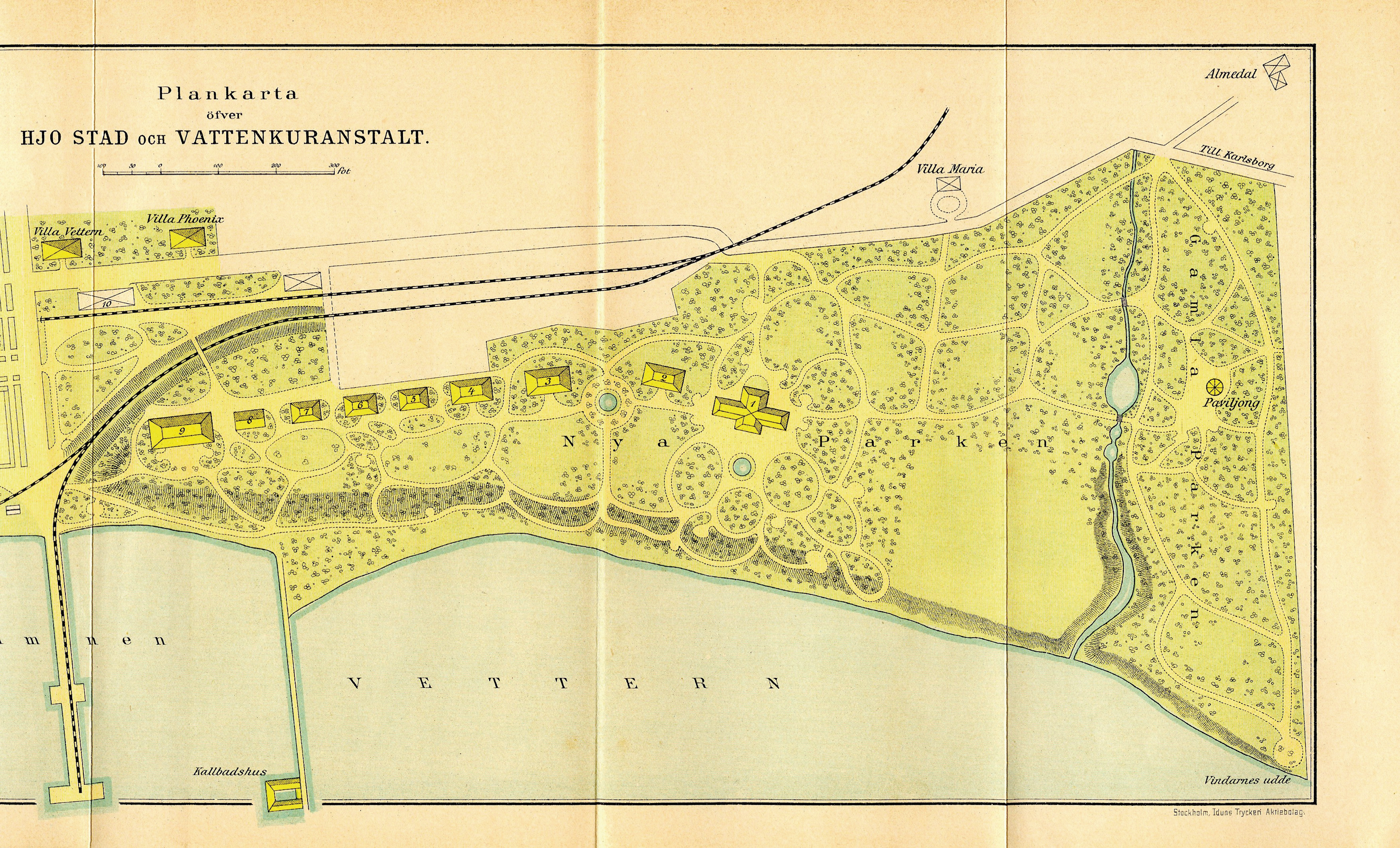 Gammal karta över Hjo Stadspark och kuranstalten. 