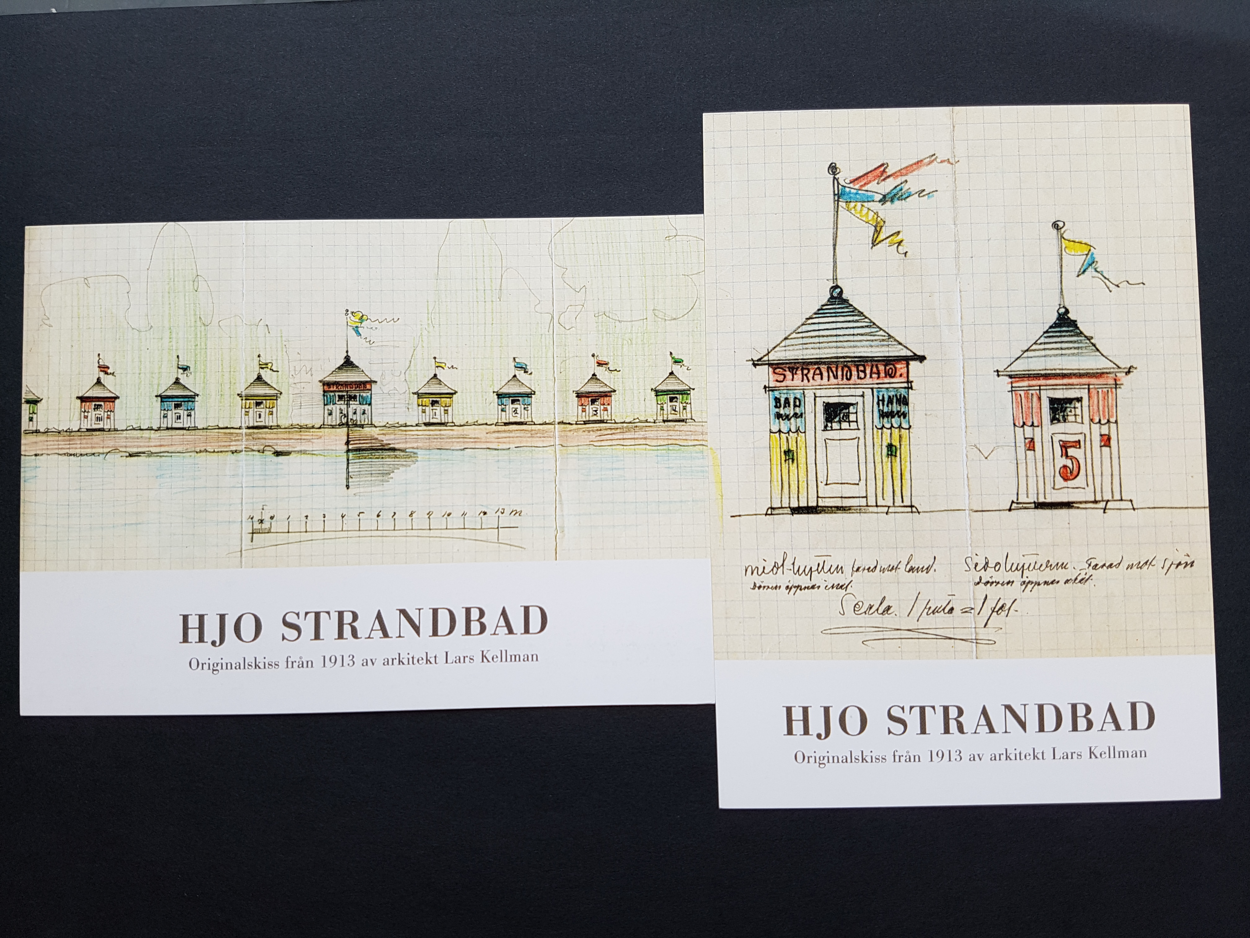 Skiss av arkitekt Lars Kellman på badhytterna vid Guldkroksbadete i Hjo. 
