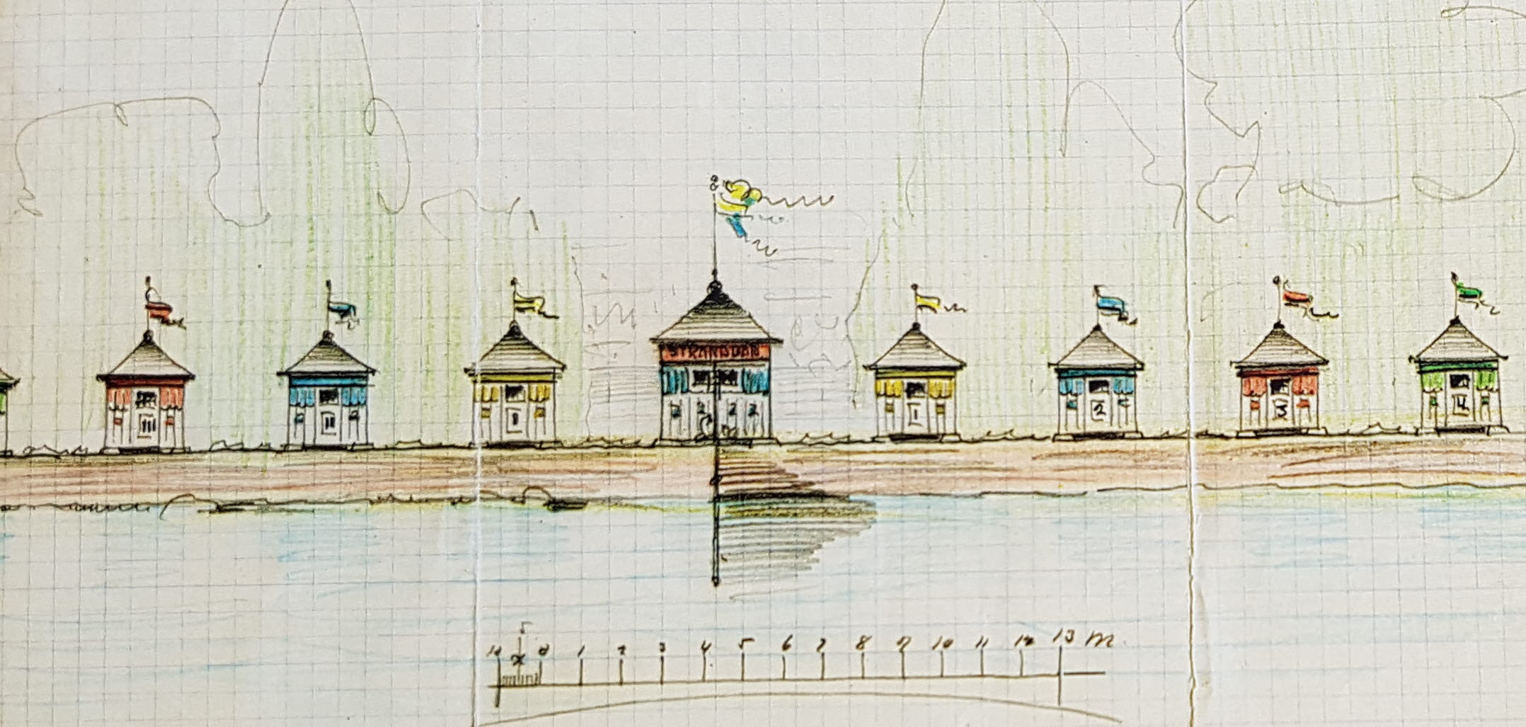 Skiss av arkitekt Lars Kellman på badhytterna vid Guldkroksbadete i Hjo. 