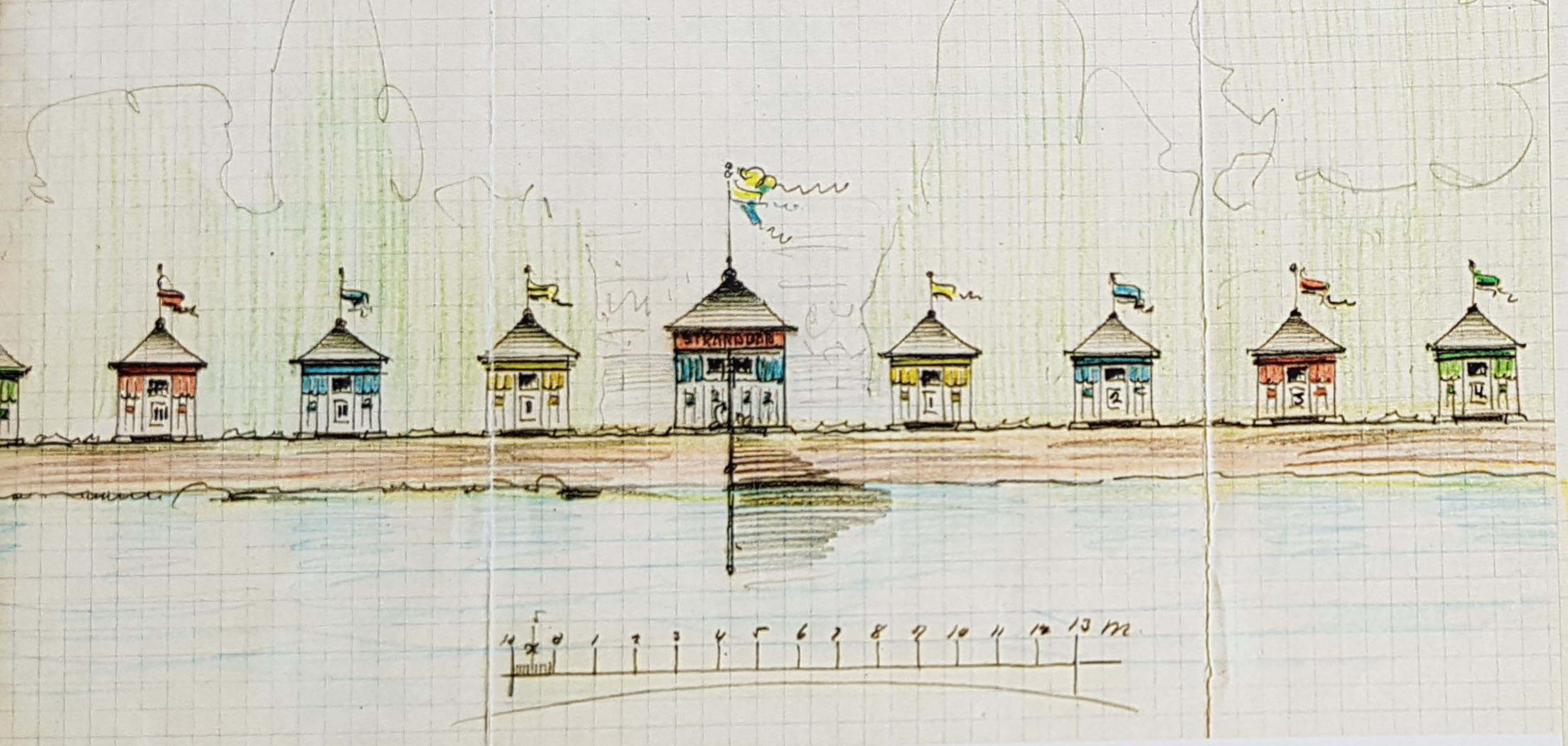 Skiss av arkitekt Lars Kellman på badhytterna vid Guldkroksbadete i Hjo. 