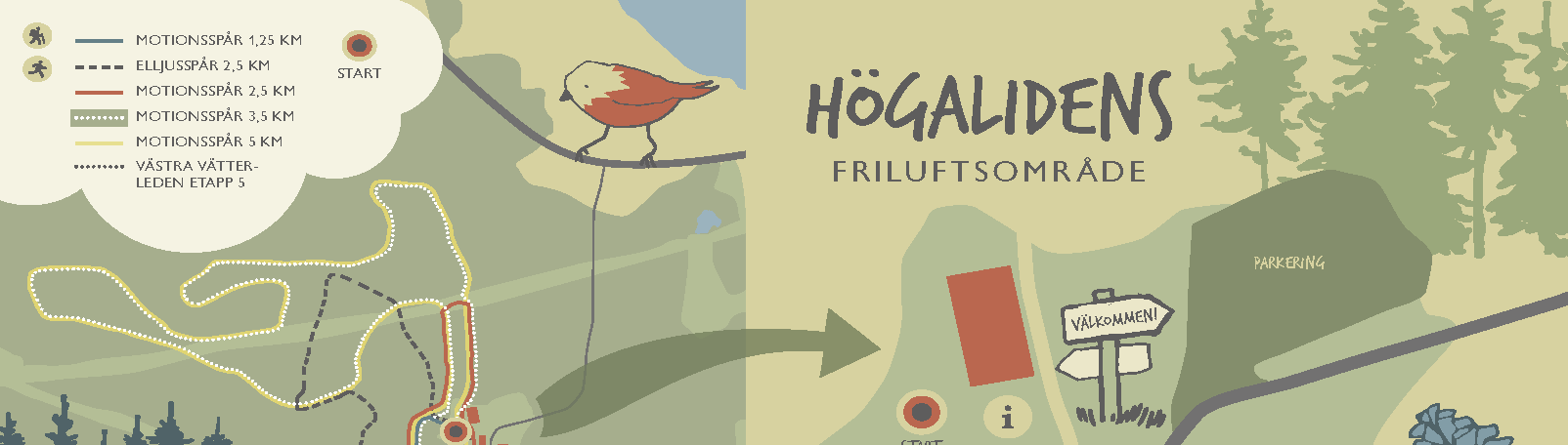 En illustrerad karta över Högalidens friluftsområde. Den vänstra delen visar motionsspår och vandringsleder, den högra visar en förstoring av startområdet med markeringar för lekplats, pulkabacke, grillplats med mera. Kartan har mestadels olika nyanser av grönt.