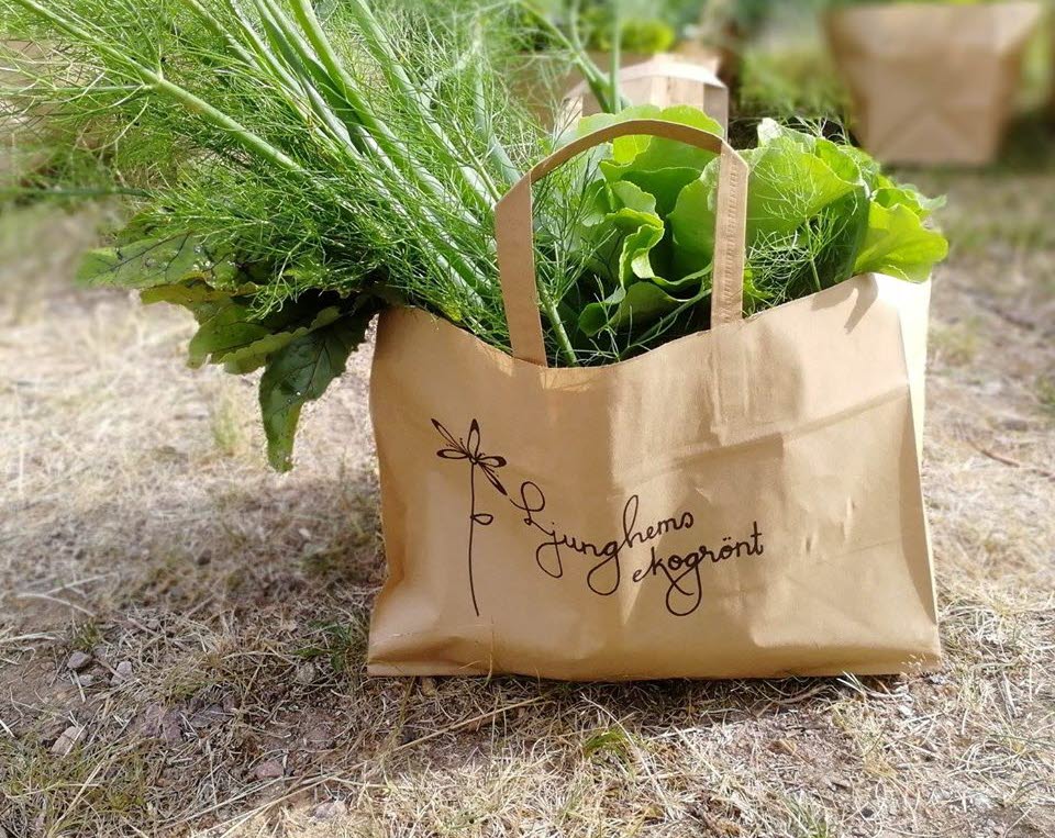 Papperskasse med grönsaker ifrån Ljunghem Ekogrönt.