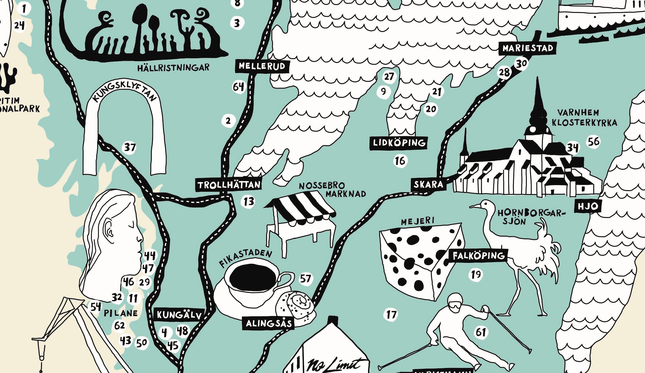 Illustrerad karta över öppnad trädgårdar och parken i Västsverige. 