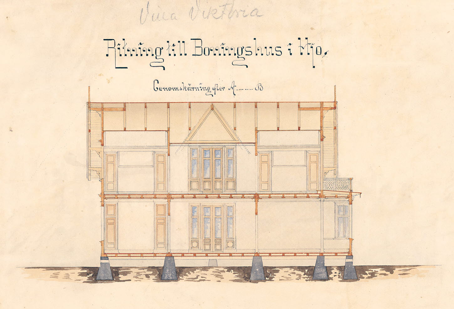 Gammal ritning av Villa Viktoria i Hjo Stadspark. 