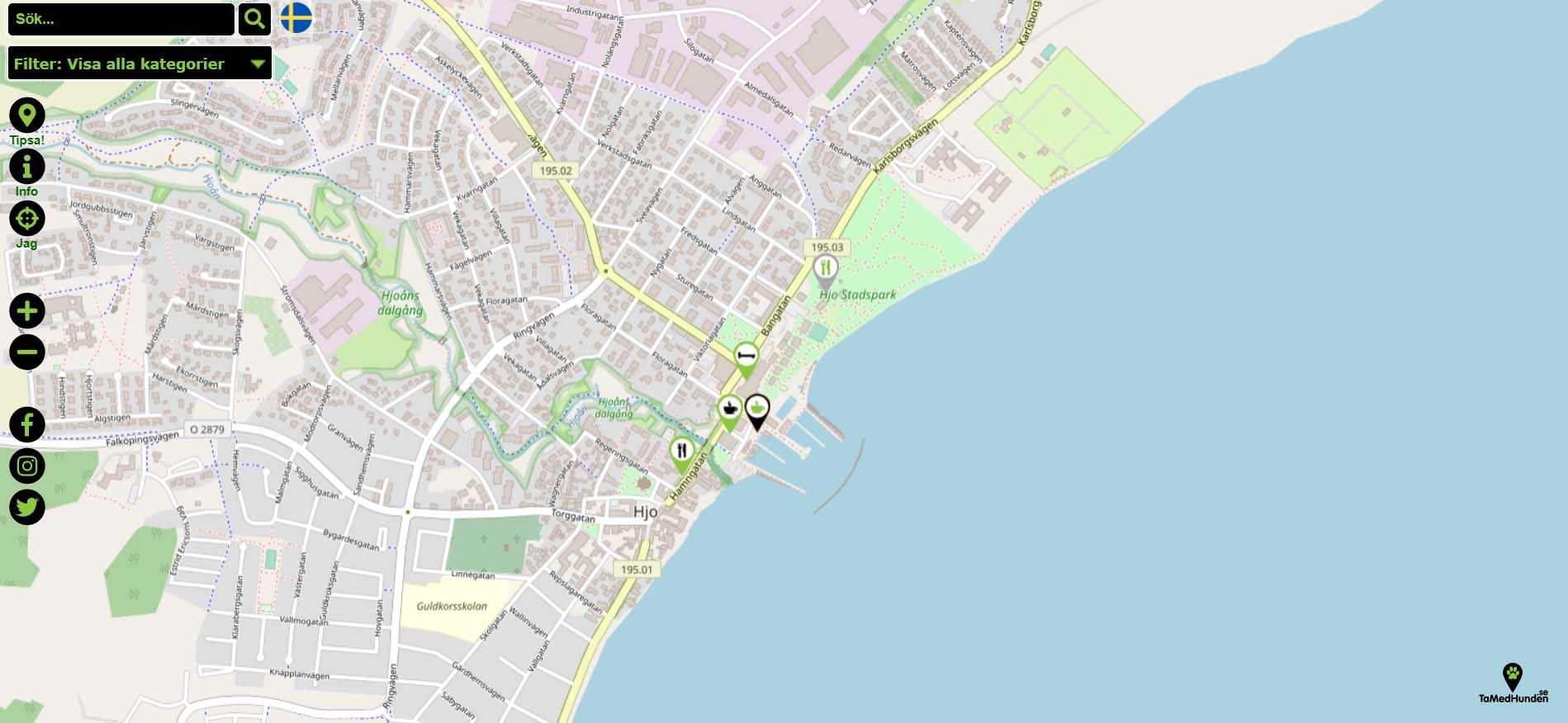Karta över hundvänliga platser i Hjo. 