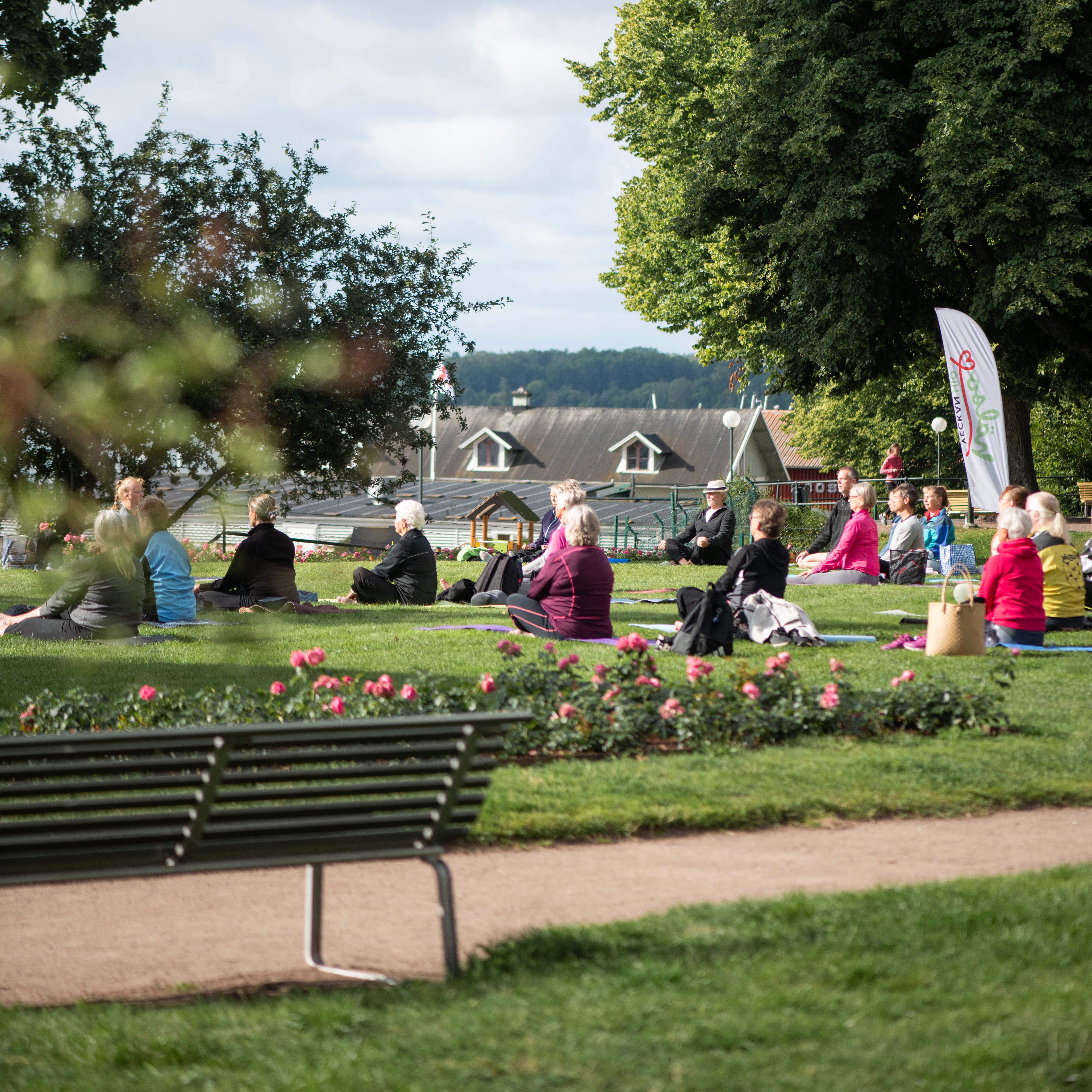 Människor som yogar i parken