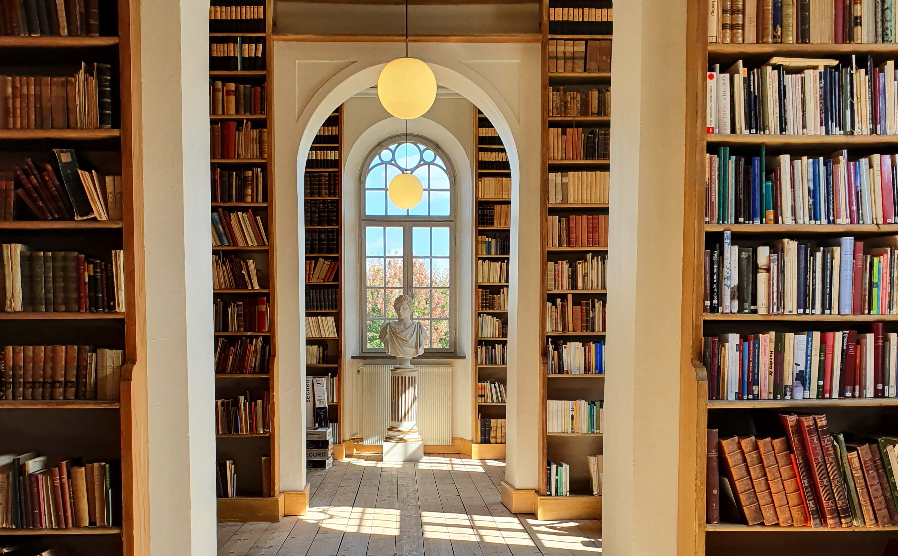 Bokhyllor fyllda med gamla böcker syns på vardera sida om en valvgång. Längst bort i valvgången står en vit staty av en person. Solen lyser in genom spröjsade fönster.