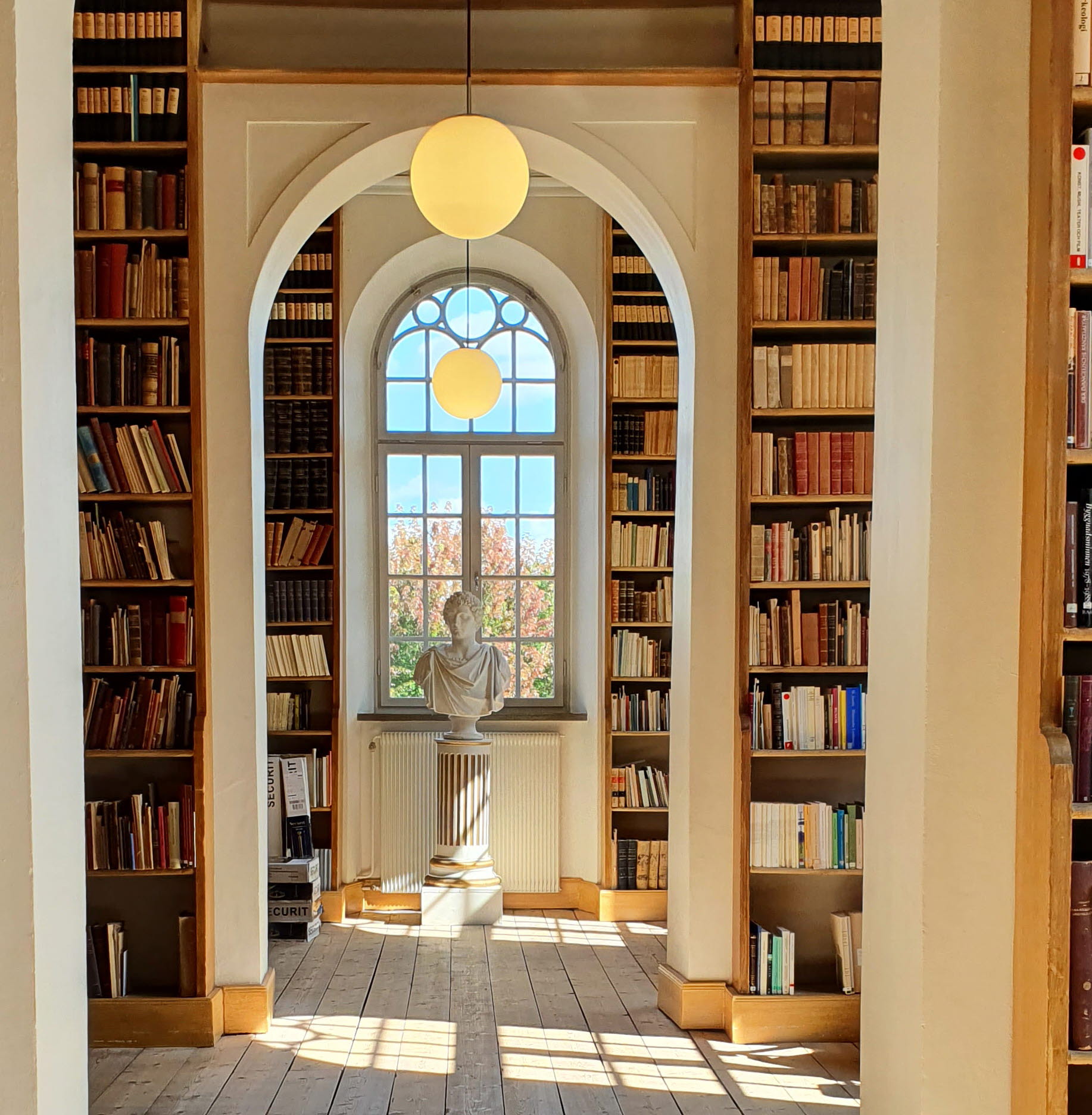 Bokhyllor fyllda med gamla böcker syns på vardera sida om en valvgång. Längst bort i valvgången står en vit staty av en person. Solen lyser in genom spröjsade fönster.