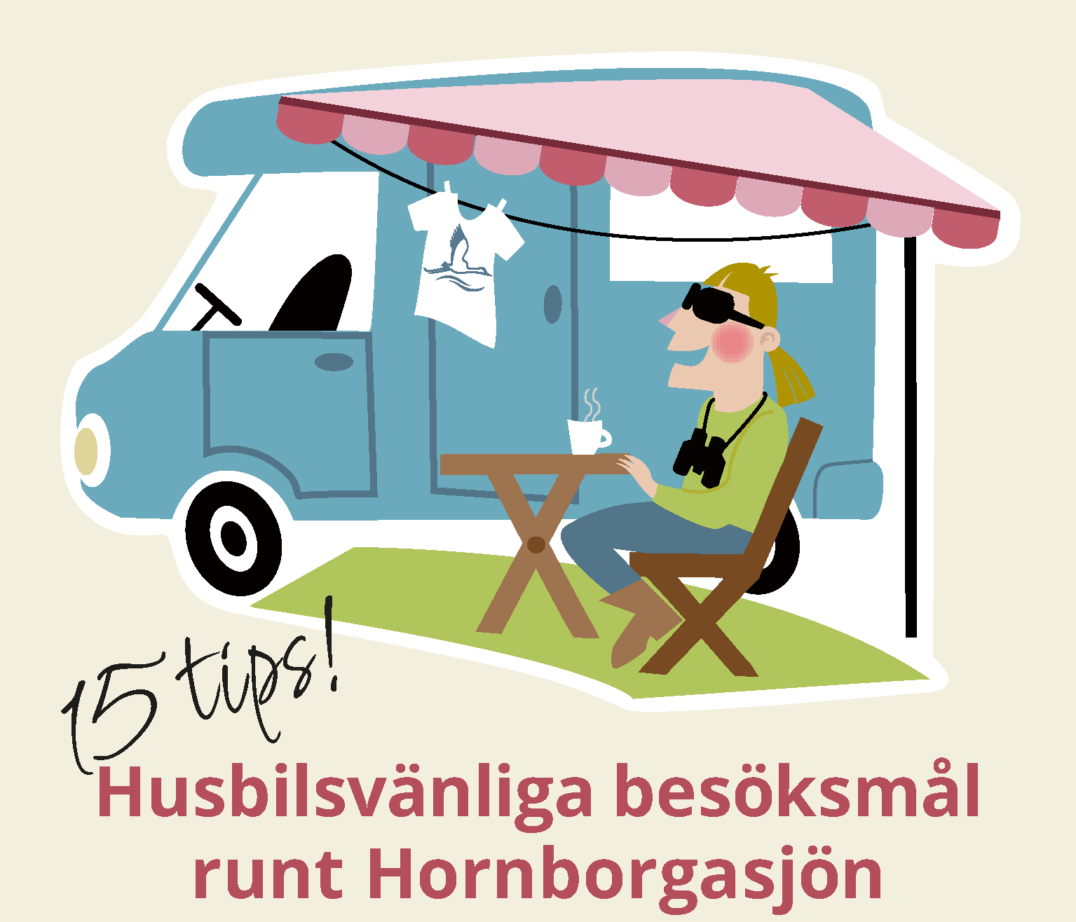 En illustrerad bild på en person som sitter utanför sin husbil med en kopp kaffe.