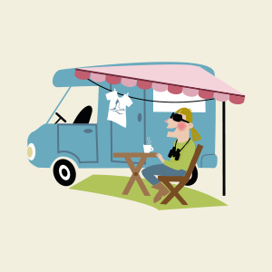 An illustrated image of a person sitting outside their mobile home with a cup of coffee.
