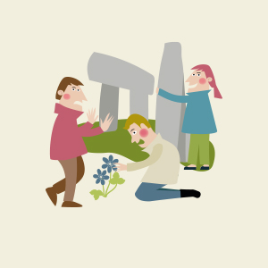 Illustrated image of a person trying to pick up a stone and a person picking flowers. The third person says stop.