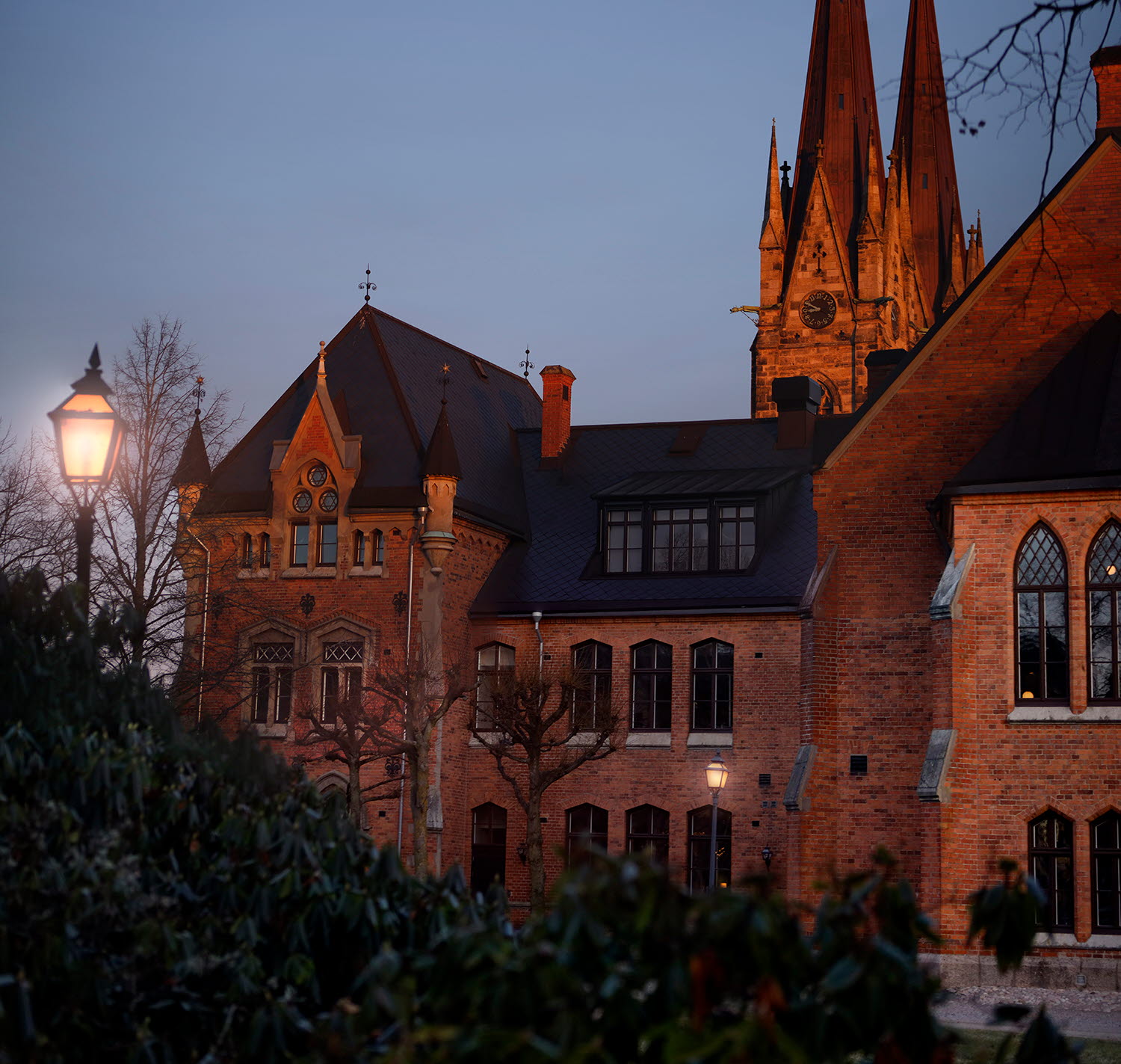 En stor pampig byggnad med två kyrkotorn i bakgrunden. Buske och en lykta som lyser i förgrunden.