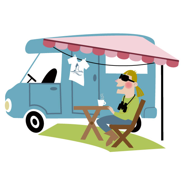 An illustrated image of a person sitting outside their mobile home with a cup of coffee.