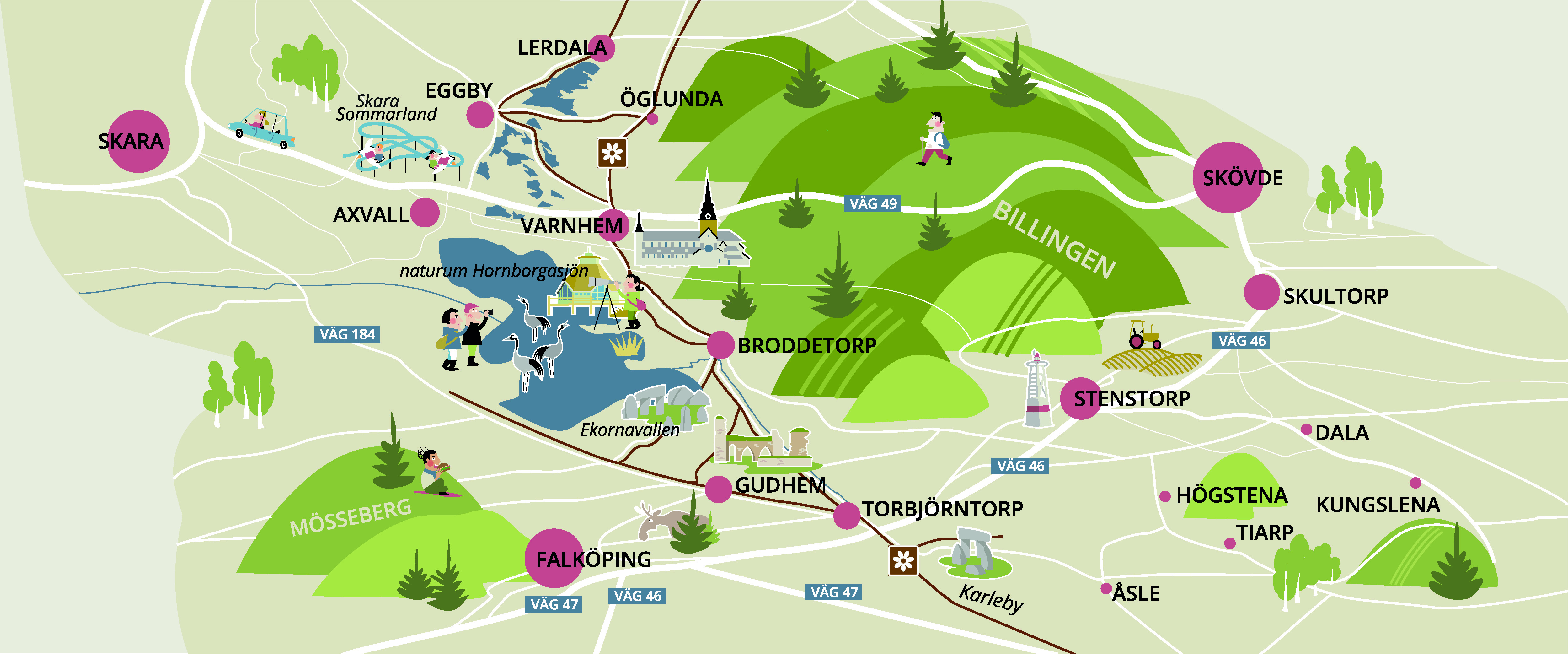 En illustrerad kartbild av Hornborgaområdet.