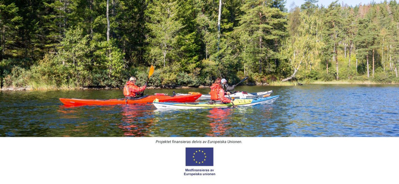 Två personer paddlar kajak. Det är träd och skog runt omkring vattnet.