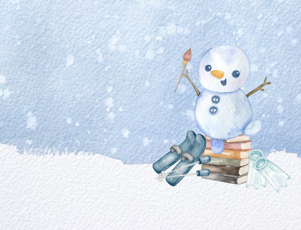 Tecknad bild av en snögubbe som balanserar på en trave böcker. Bakgrunden är blå, det snöar, och marken är täckt av snö.