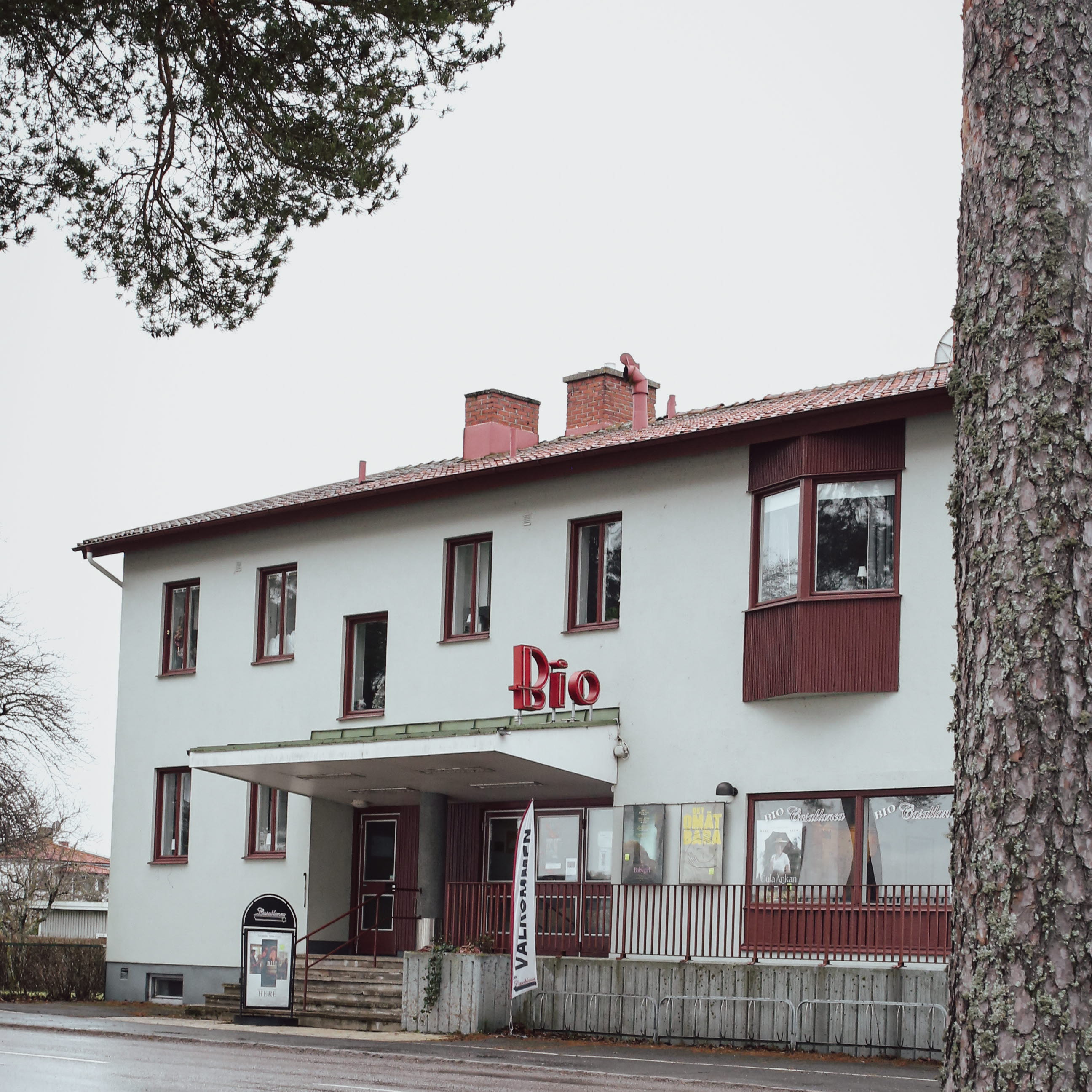 Ett foto av ett hyreshus med en biografentré centralt placerad på byggnadens framsida. I förgrunden står en hög tall som delvis skymmer byggnaden.