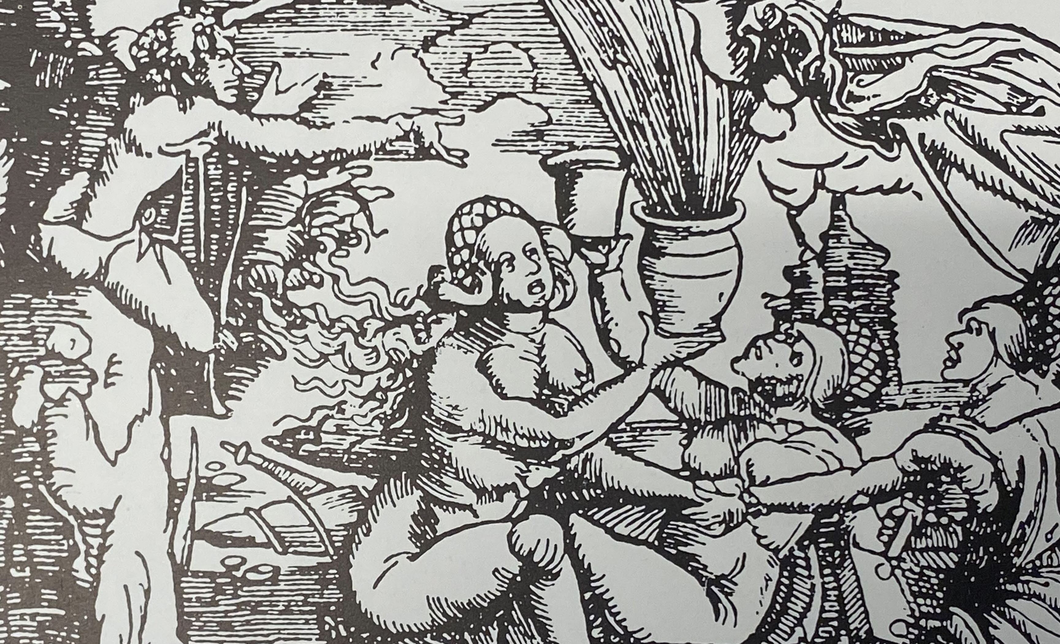 Svartvit bild där lättklädda kvinnor skålar i stora krus. Det är stormaktstid och magin hänger i luften. 