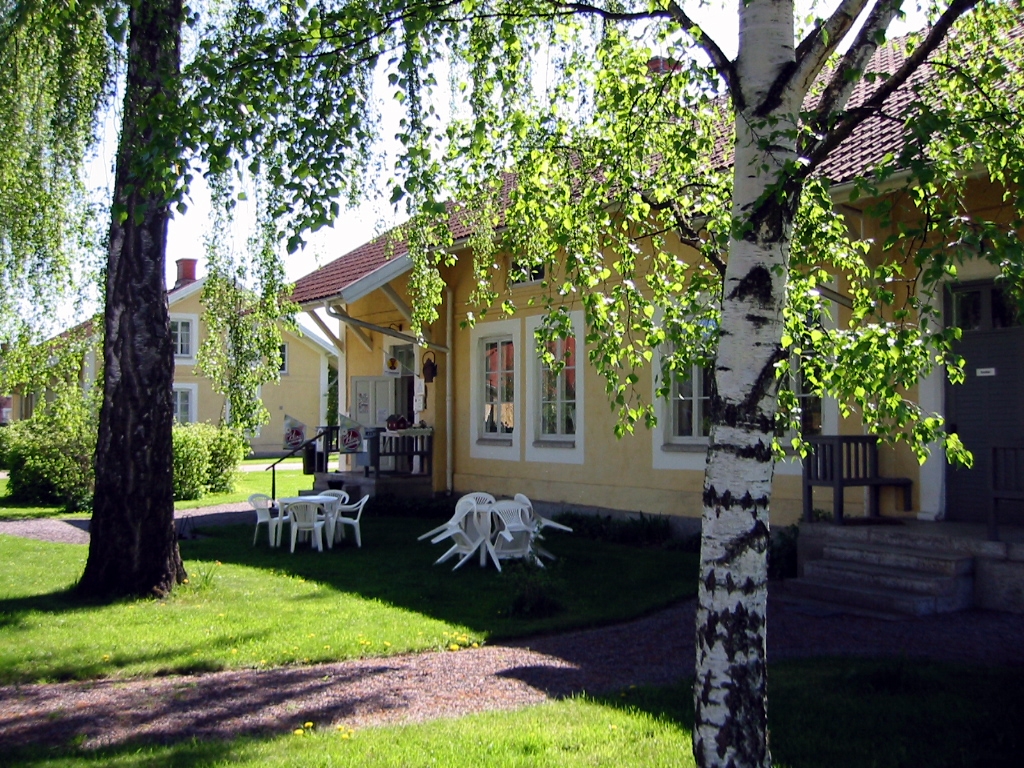 Ett gult gammalt litet hus med några vita trädgårdsgrupper framför. Solen skiner och björkarna lyser ljusgrönt.