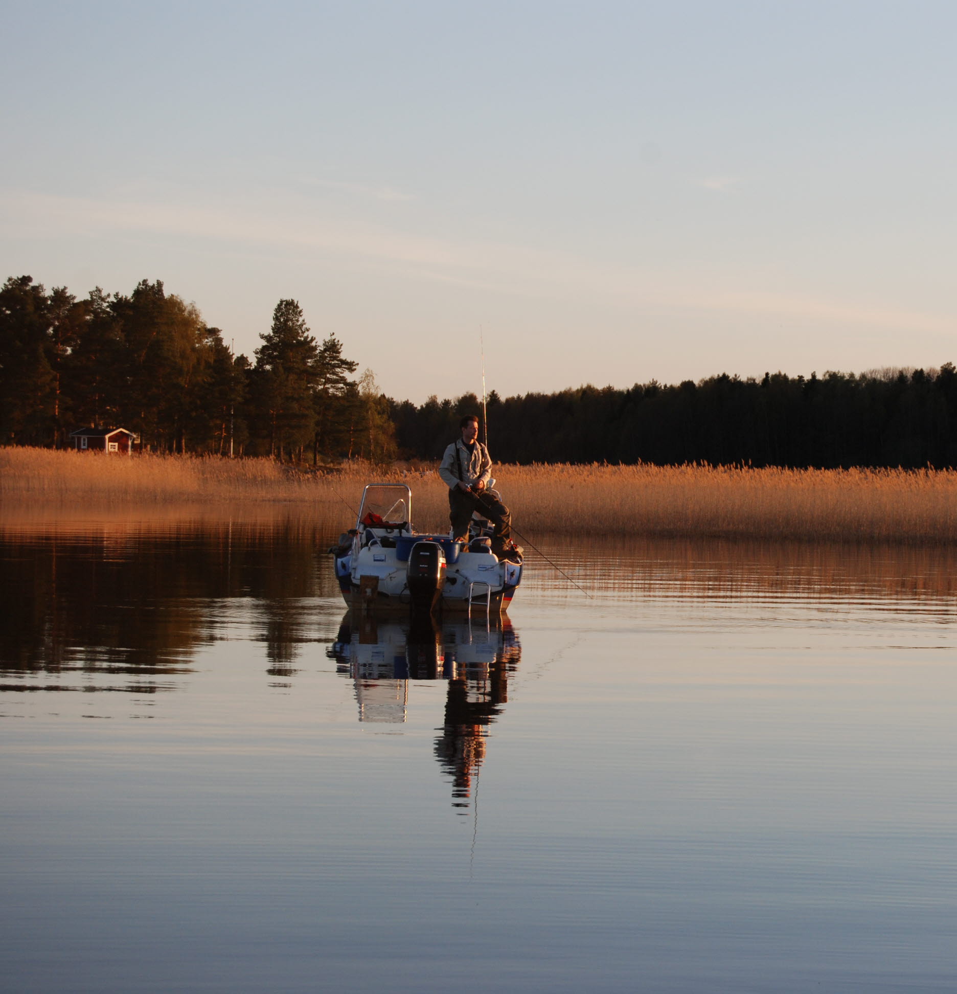 En man står och fiskar från en båt en fin sommarkväll i skymningen.