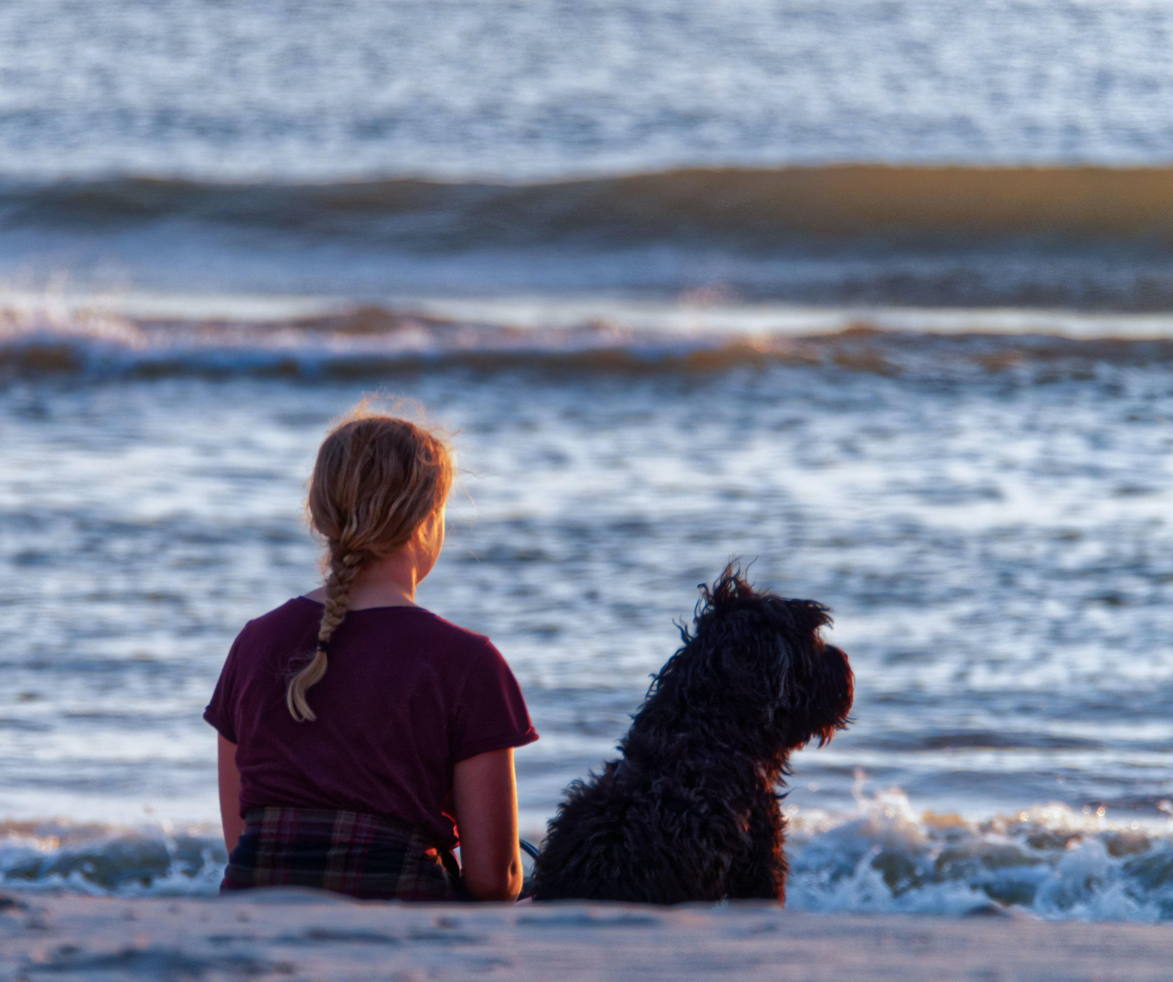 En flicka sitter på en strand med en svart hund och tittar ut över vattnet.