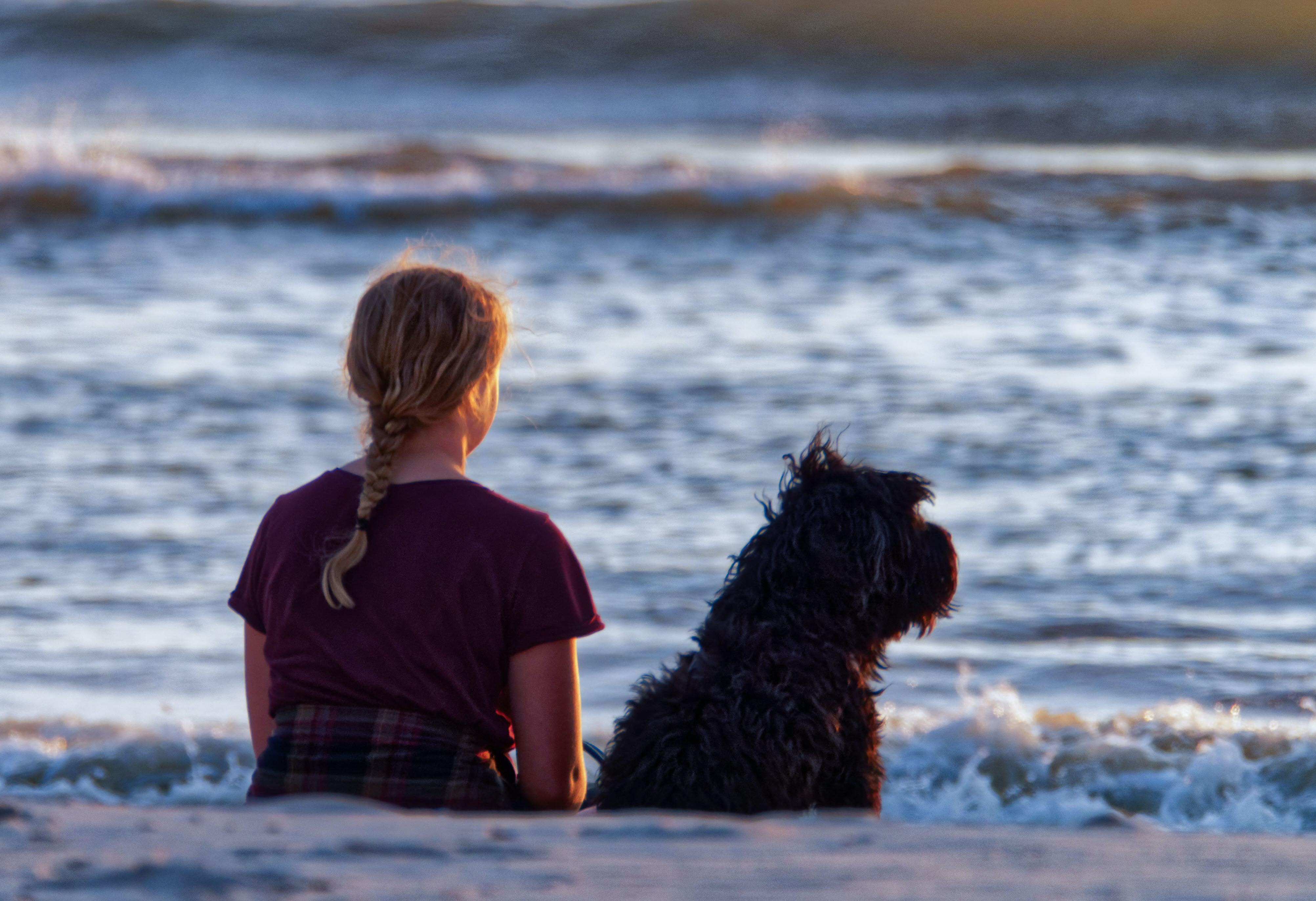 A girl is sitting on a beach with a black dog and looking out over the water.
