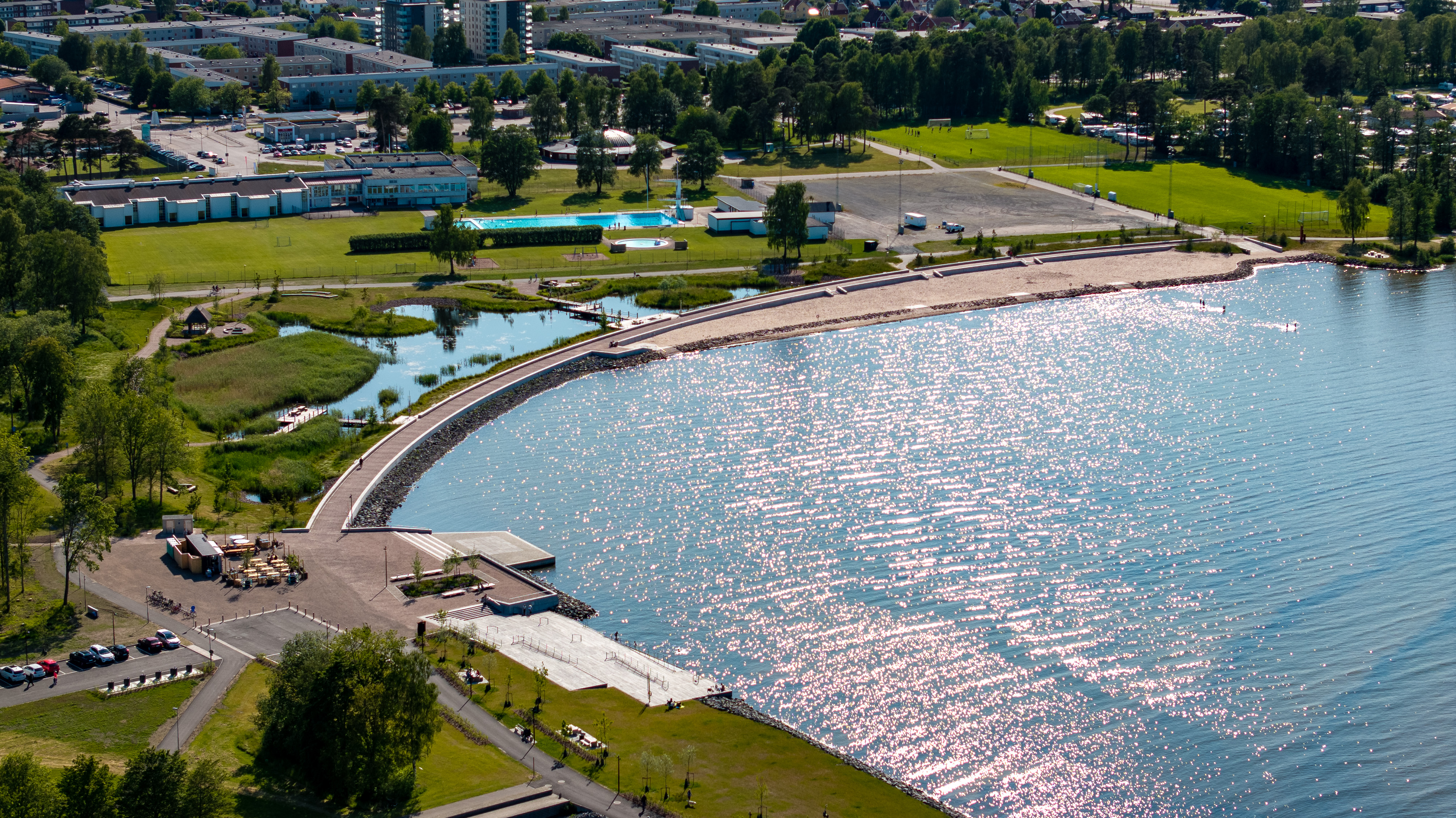 Aerial view of Framnäs strandpark with beach walk