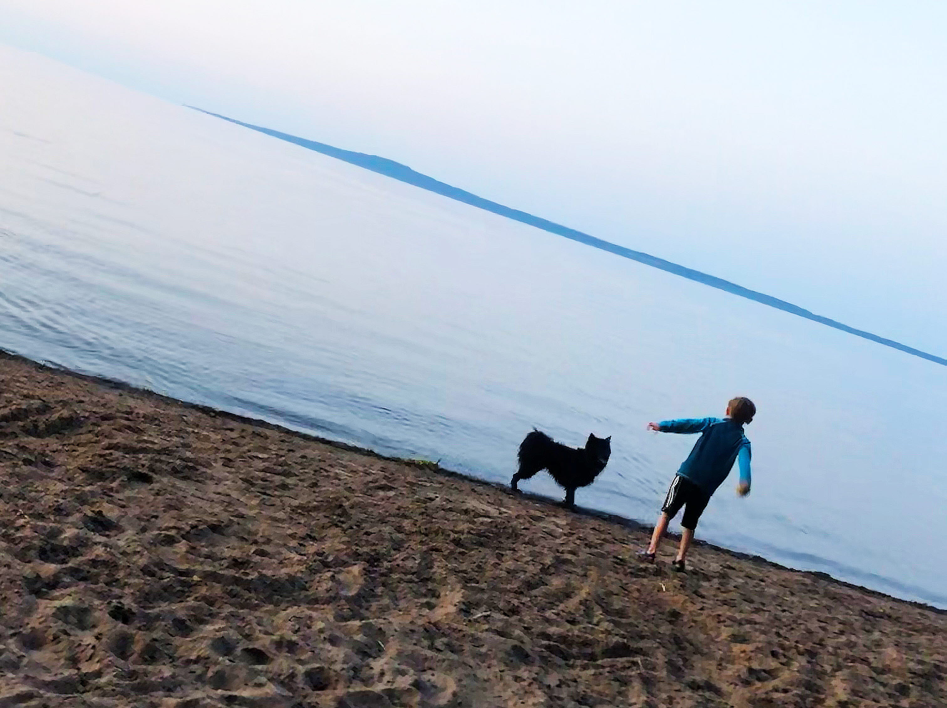En svart hund och en pojke på en strand vid en stor sjö