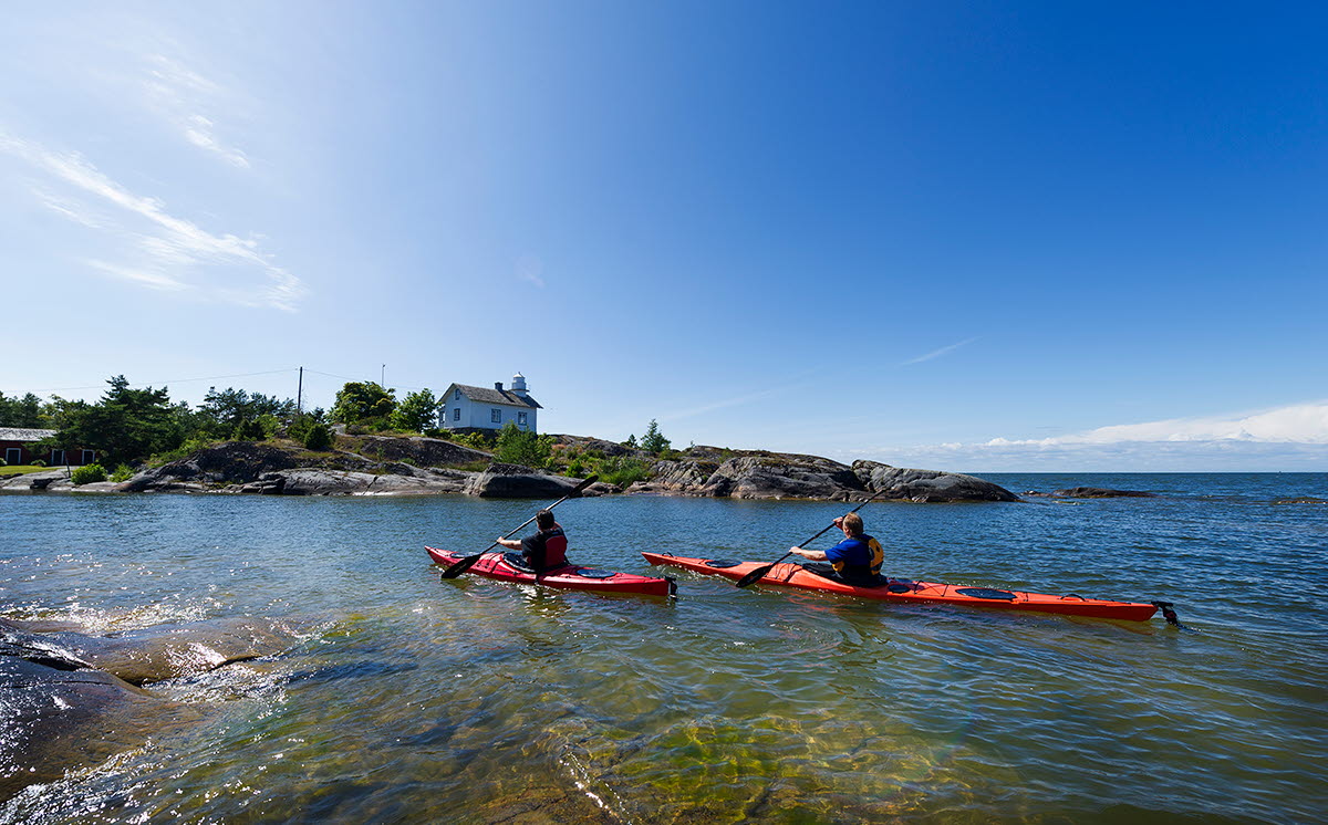 Two kayakers in the archipelago on a beautiful and sunny summer day.