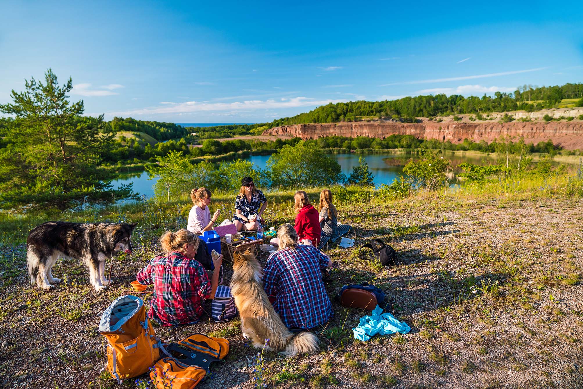 Några personer sitter och fikar vid kanten av ett stenbrott. Himlen är blå och solen lyser. De har hundar med sig.
