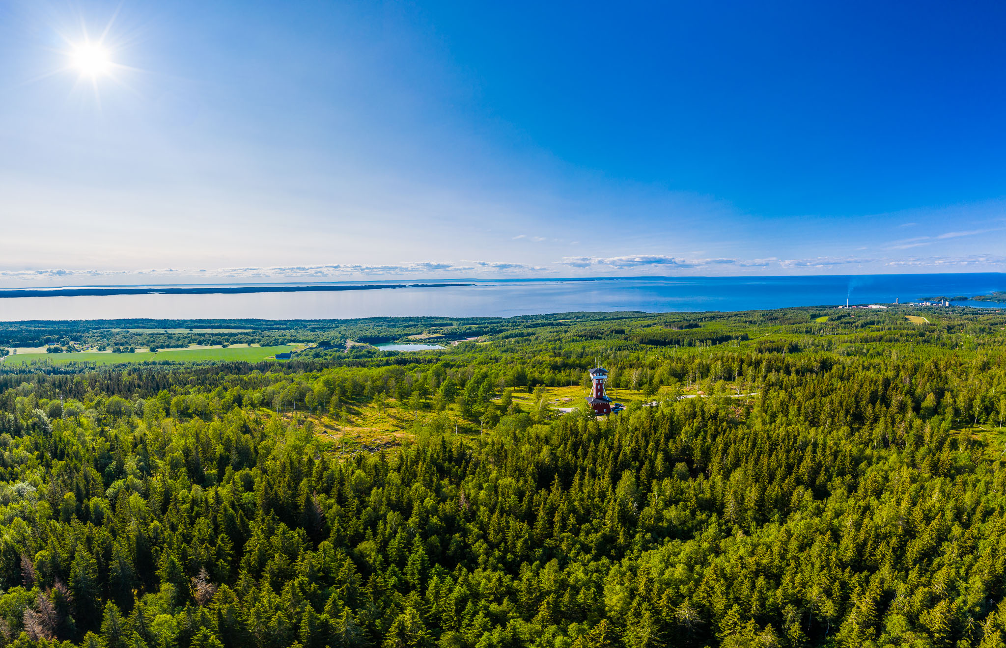 Flygbild över ett grönskande Kinnekulle med Vänern i bakgrunden. Man kan även skymta Kinnekulle utsiktstorn. 