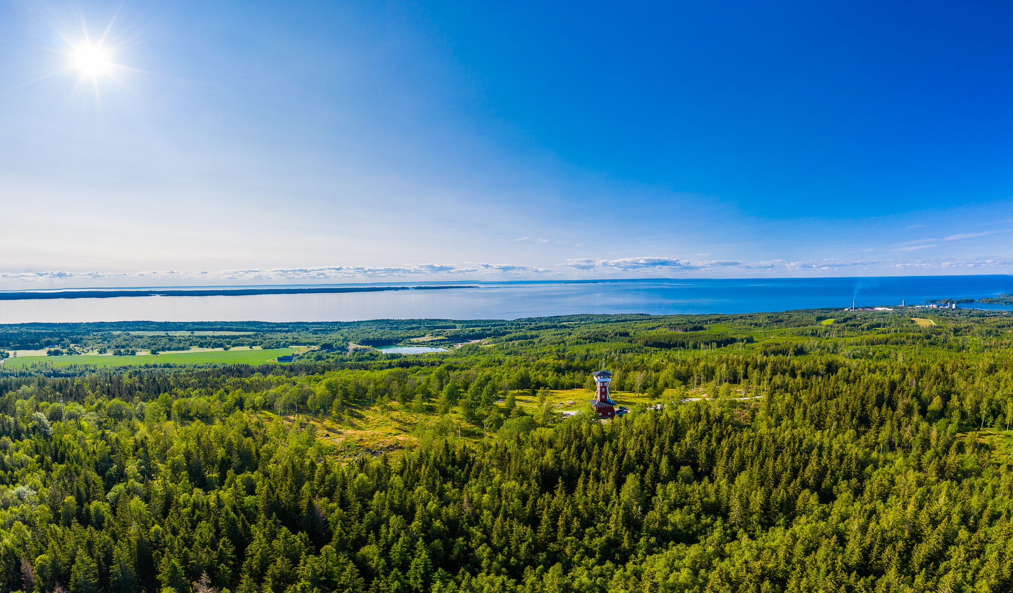 Flygbild över ett grönskande Kinnekulle med Vänern i bakgrunden. Man kan även skymta Kinnekulle utsiktstorn. 