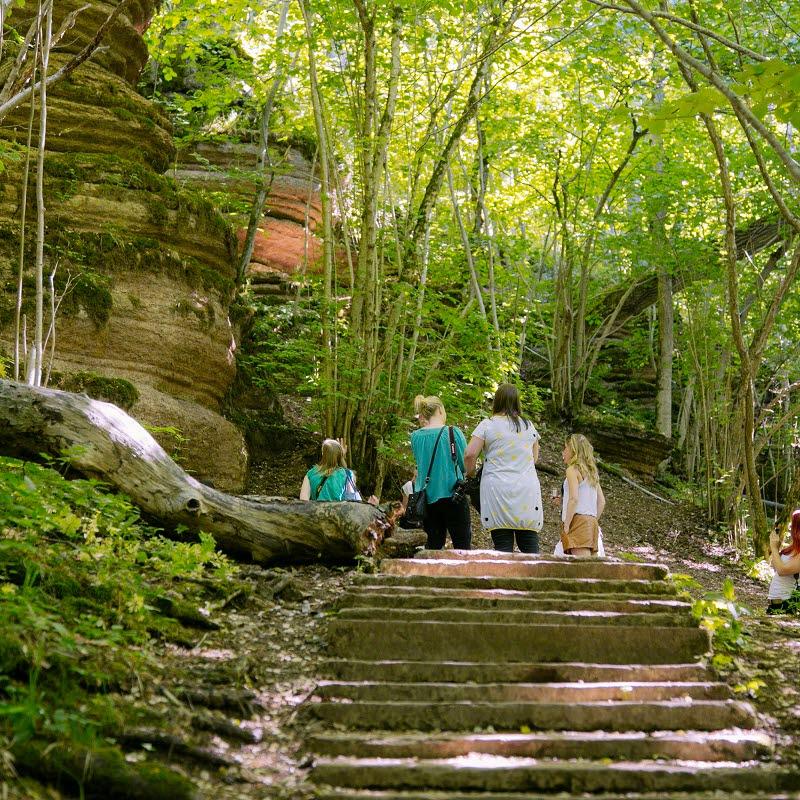 En grupp kvinnor står och kollar upp på ett skifferberg i en grönskande omgivning.