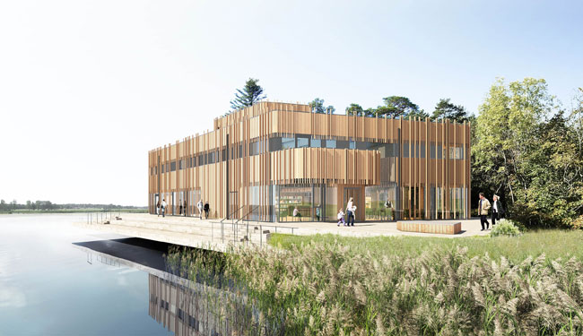 Ritning av Naturum, en modern träbyggnad som ligger precis vid vattnet. 