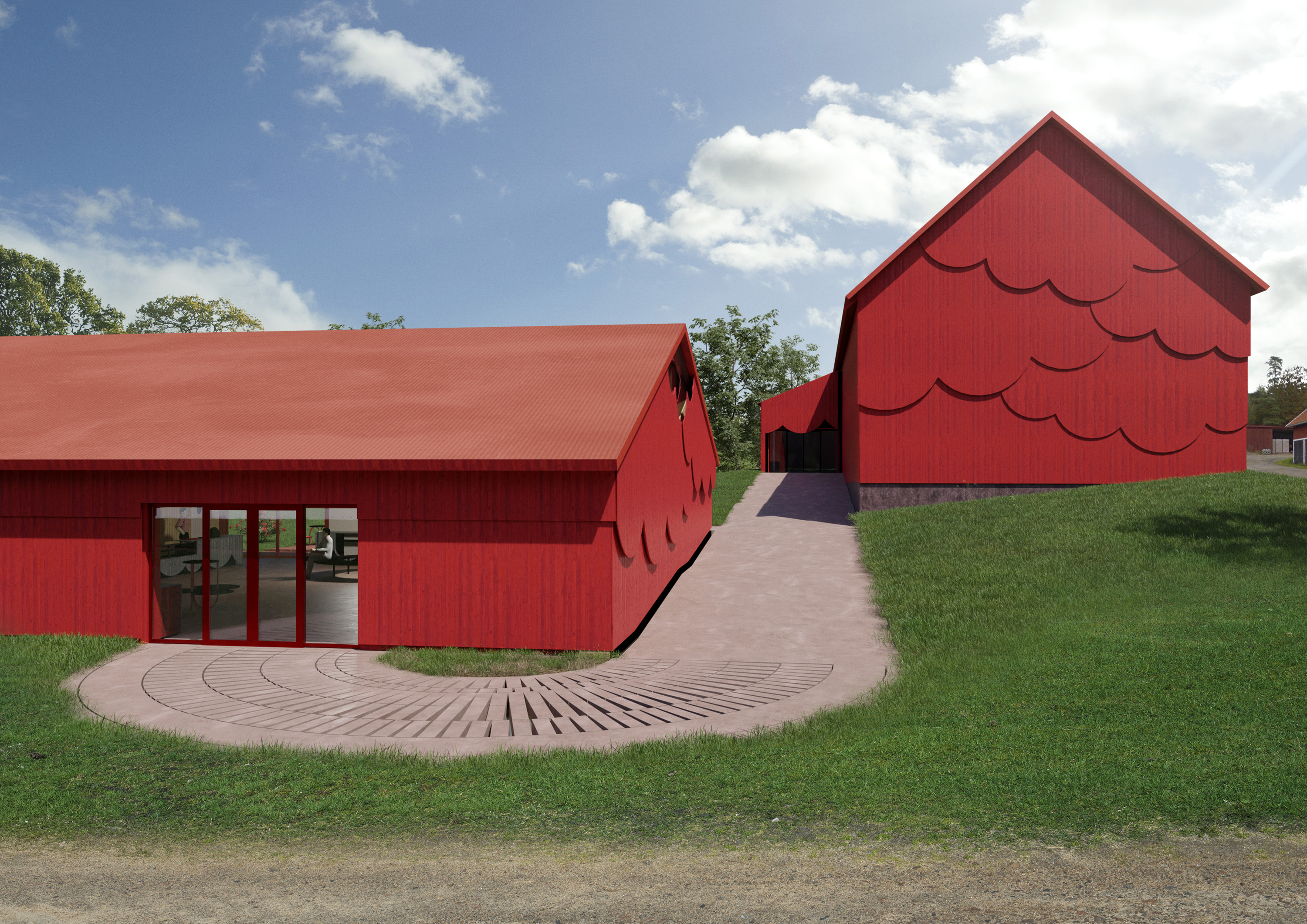 Röd byggnad med grusgång framför