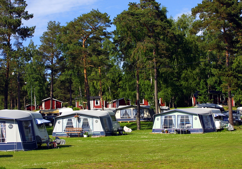 Campingstugor och husvagnar en solig dag i den gröna naturen.