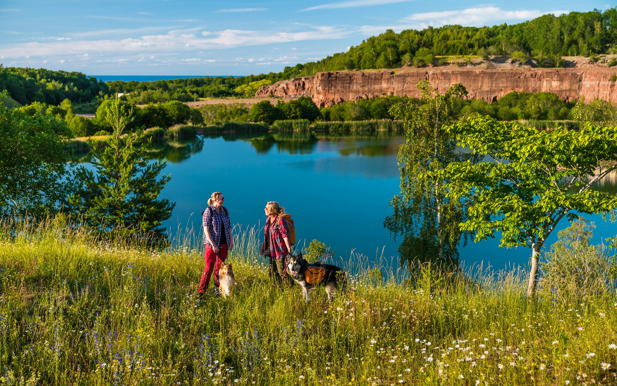 Två personer står vid kanten av ett vattenfyllt stenbrott med sina hundar.