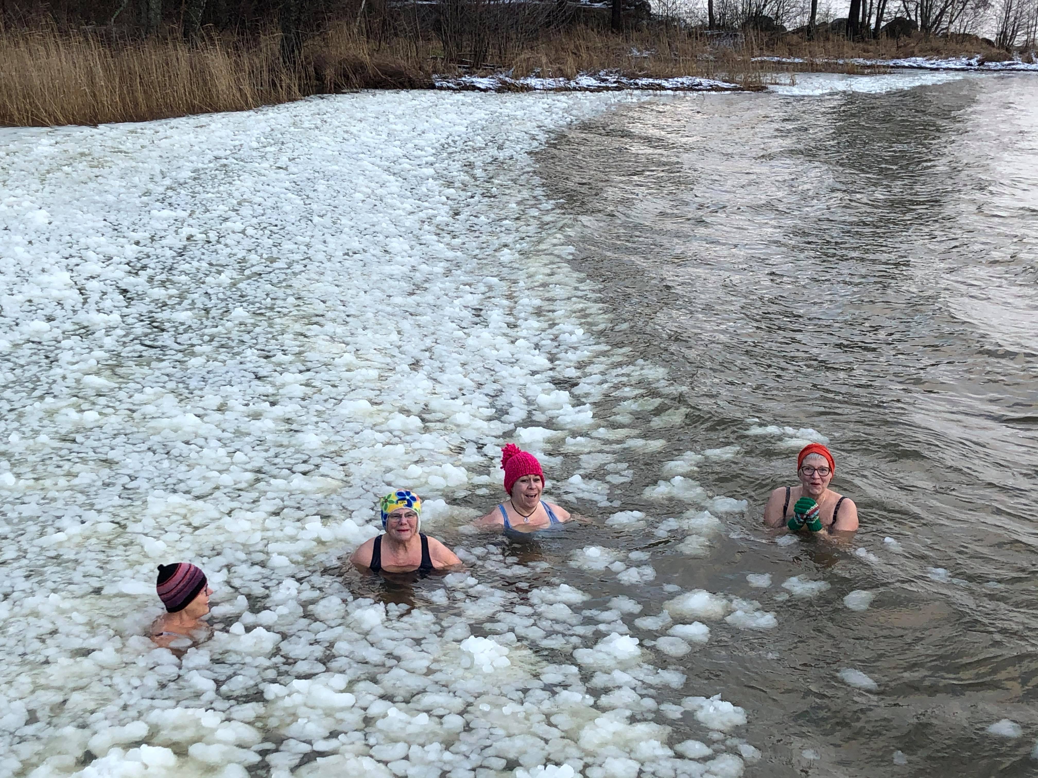 Fyra kvinnor badar kallt. De är omringade av isblock. 