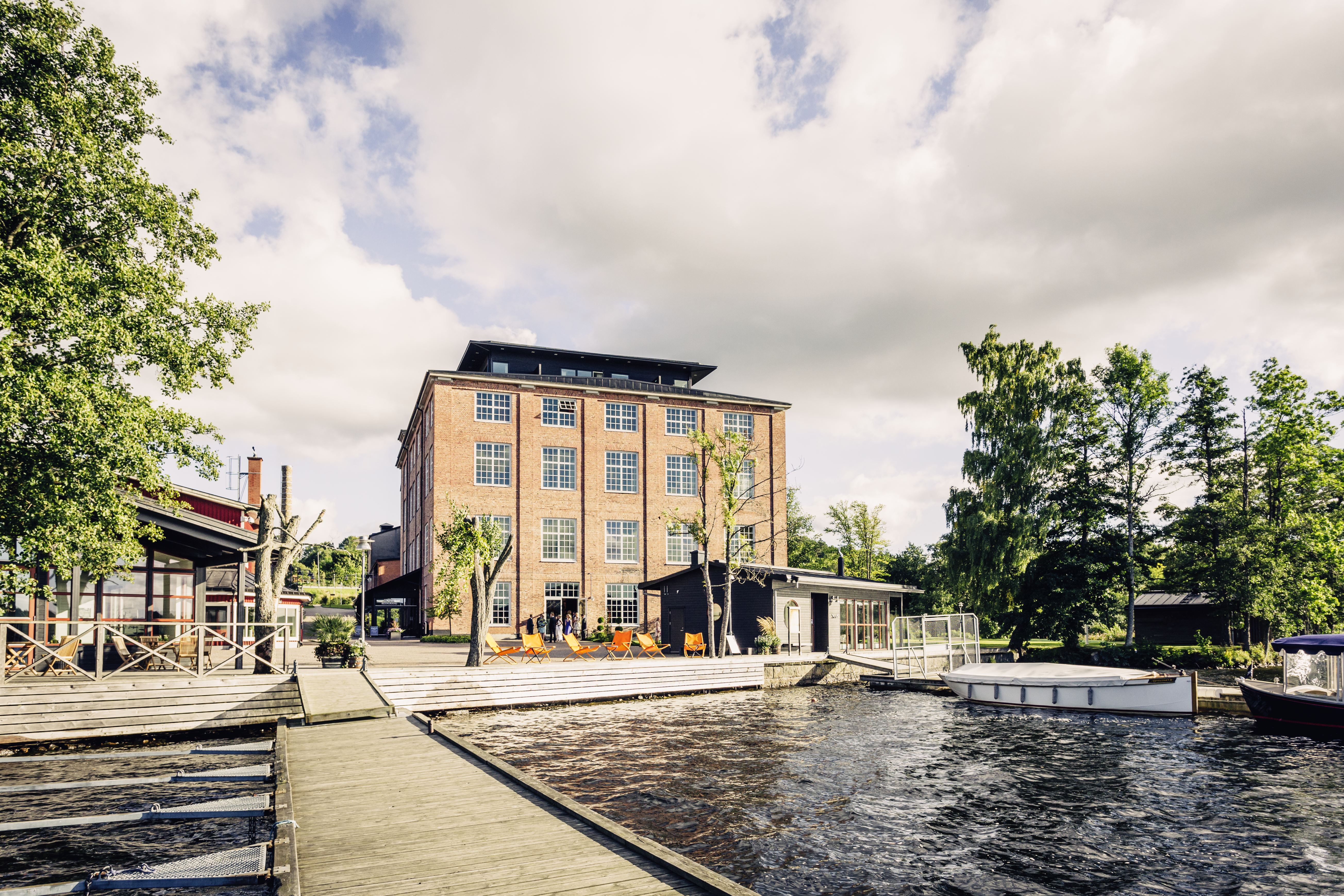 Nääs Fabriker in Tollered, Sweden, seen from the bridge in the lake Sävelången.