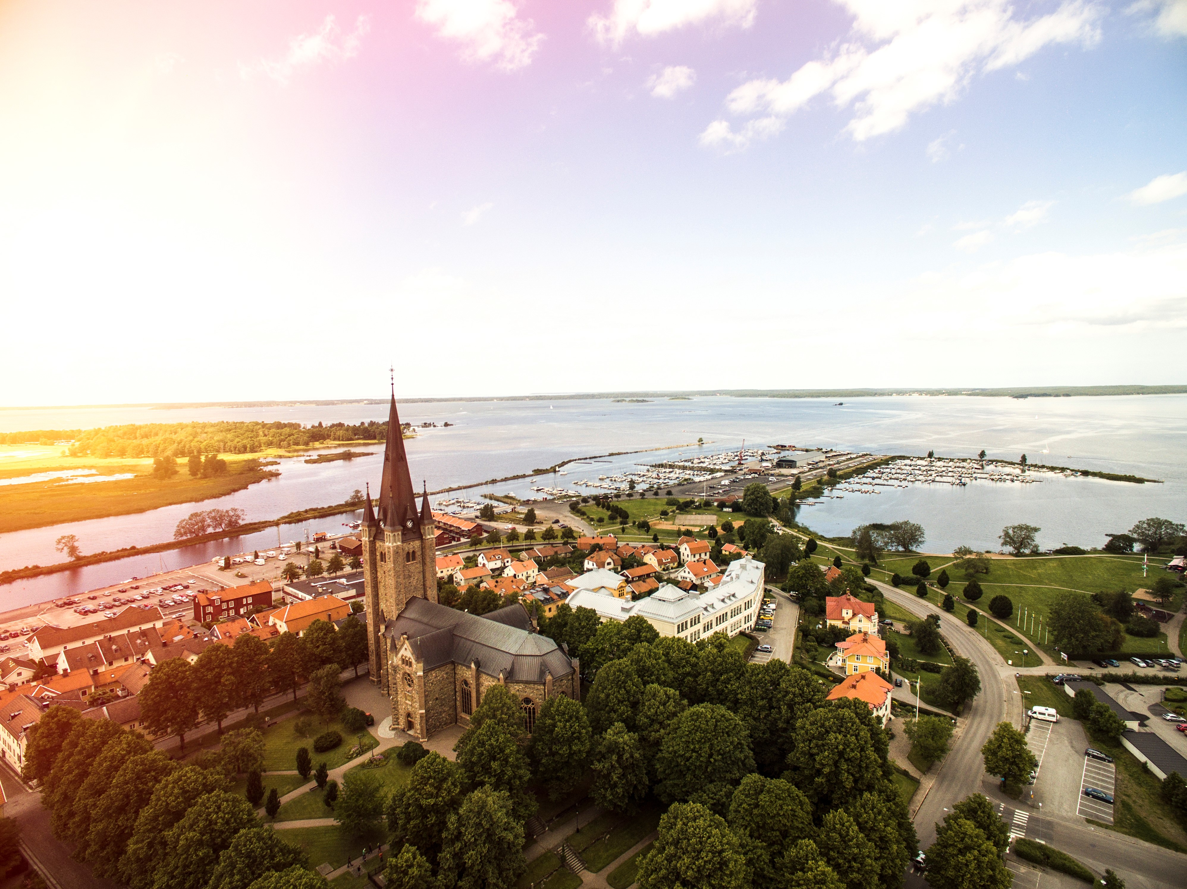 Aerial view of Old Town in Mariestad with lake Vänern in the backround.