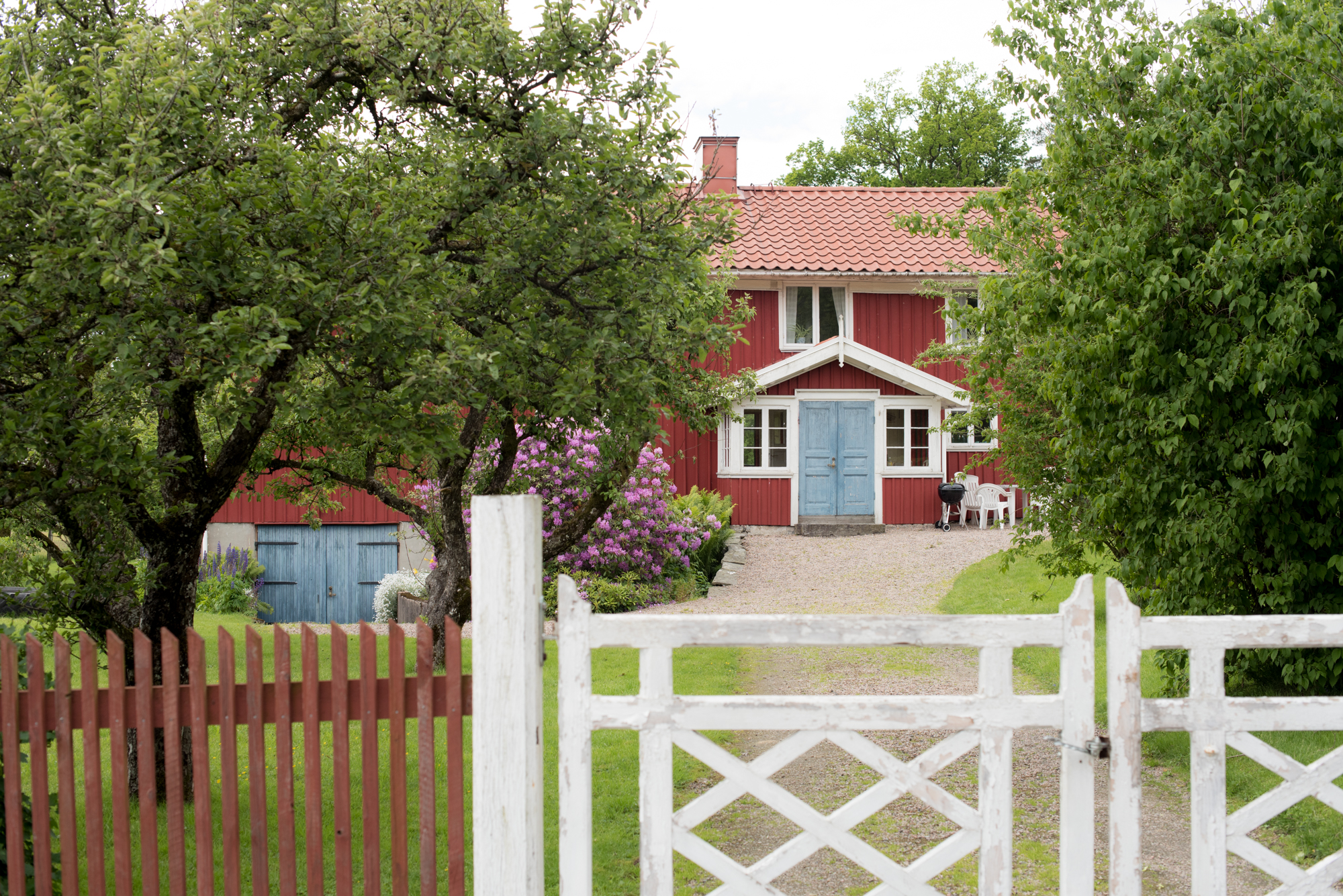 Backa lantgård, uthyrning av boende, vitmålad grind och grusgång upp mot det röda huset