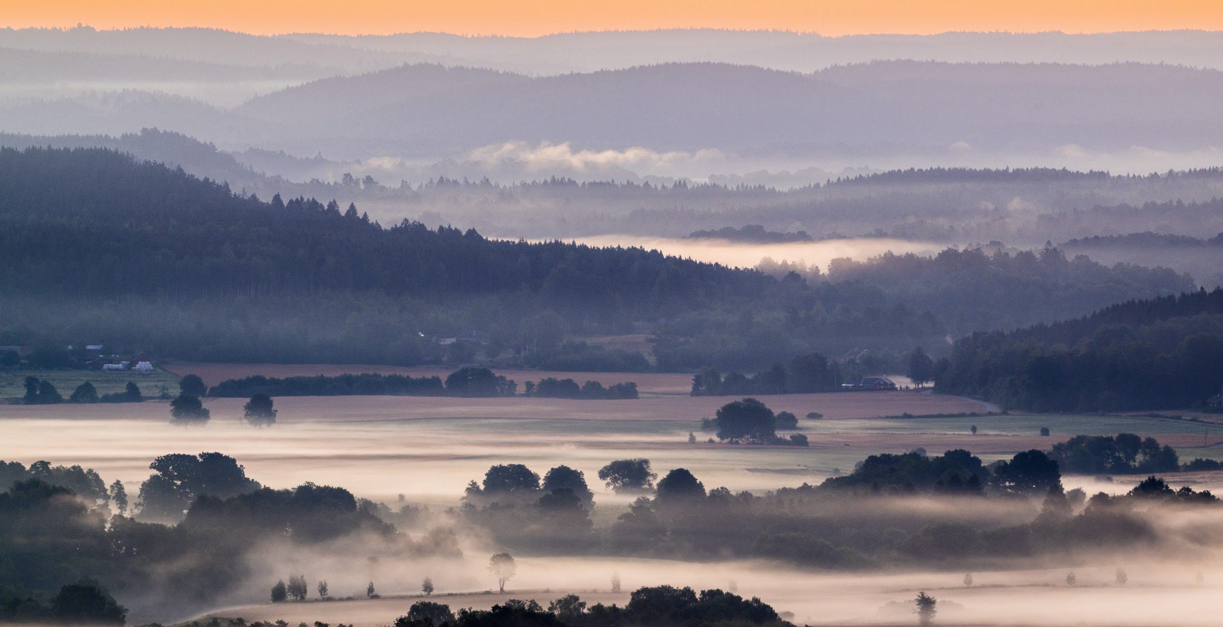 En bild från ovan över öppna landskap i dimma. Himlen är gyllene av solen.