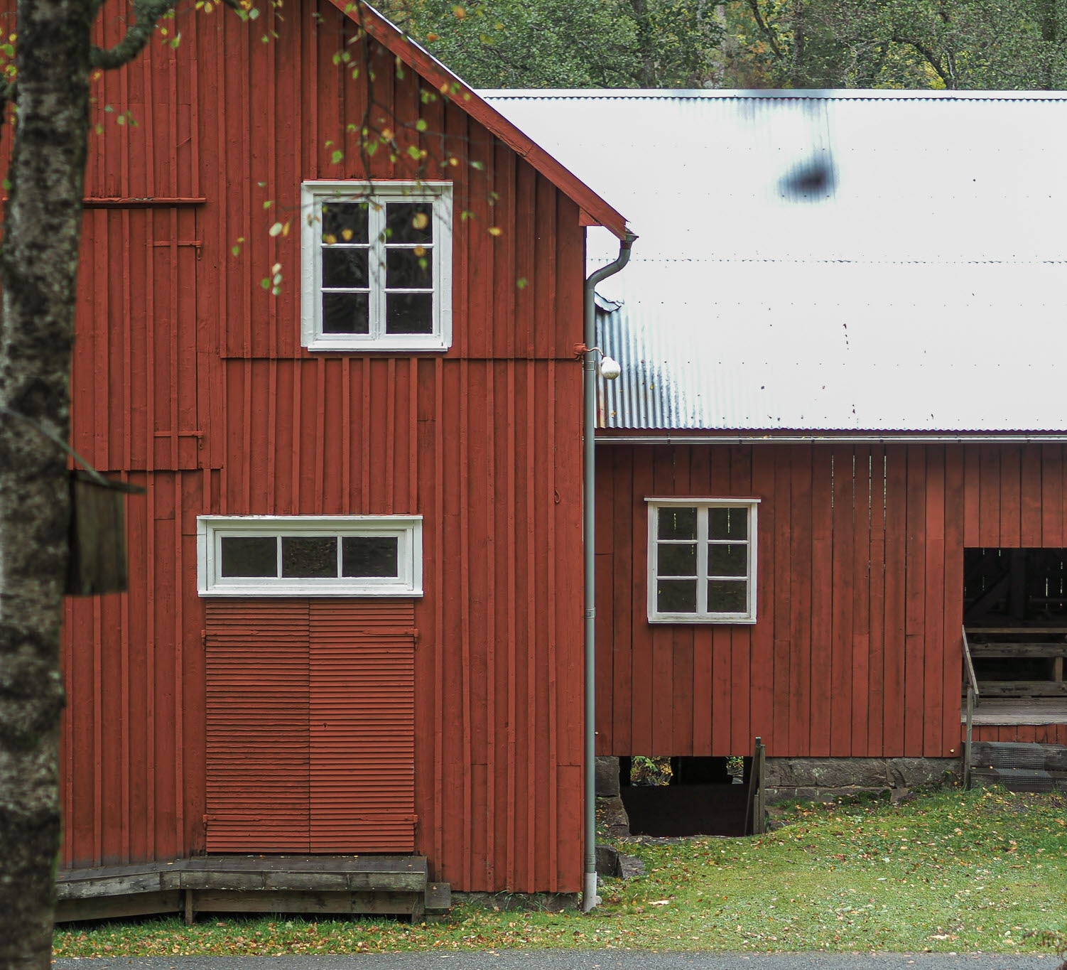 Ett rödmålat sågverk med höstiga träd runtomkring