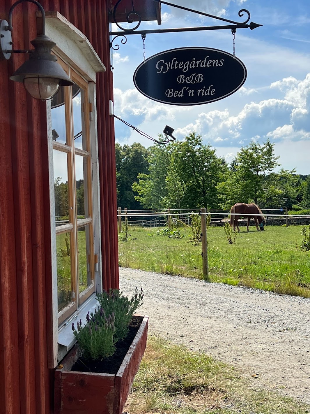 En närbild på en svart plåtskylt som hänger på en rödmålad husvägg. På skylten står det "Gyltegårdens B&B Bed' n ride"