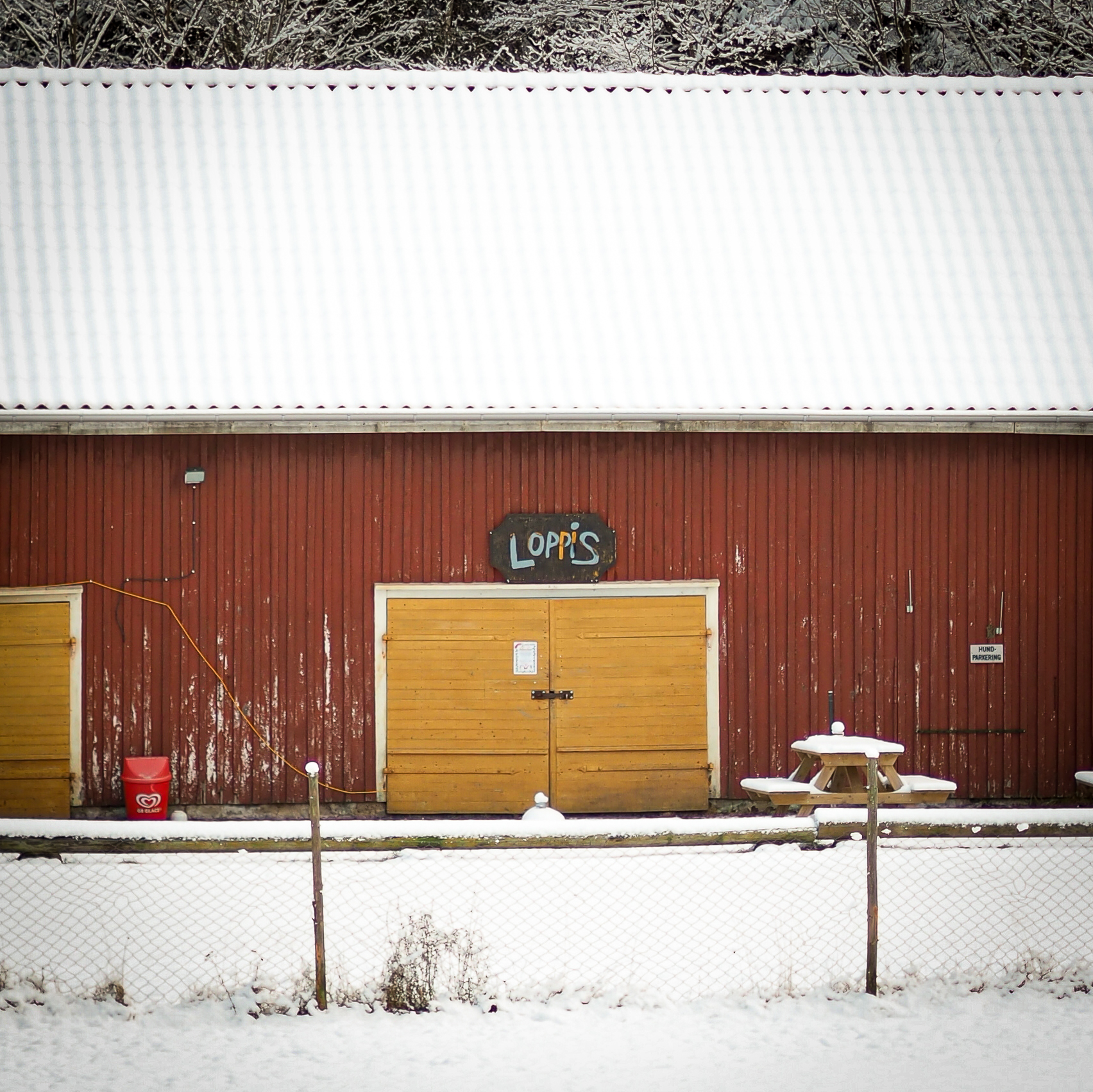 En bild på en gul ladgårdsdörr på en röd ladugård i vinter landskap.