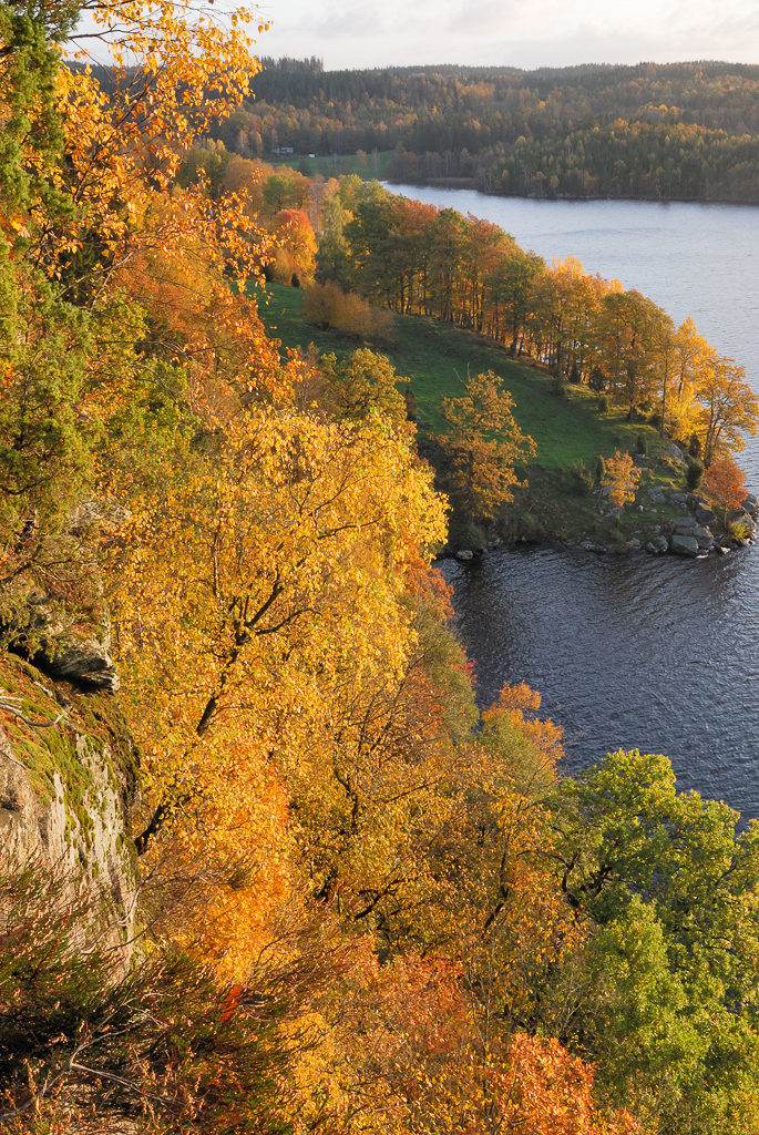 En bild tagen från en höjd ner mot en sjö som ligger intill en brant bergssluttning som är klädd av höstens alla tänkbara färger eftersom trädtopparna intagit sin höstskrud.