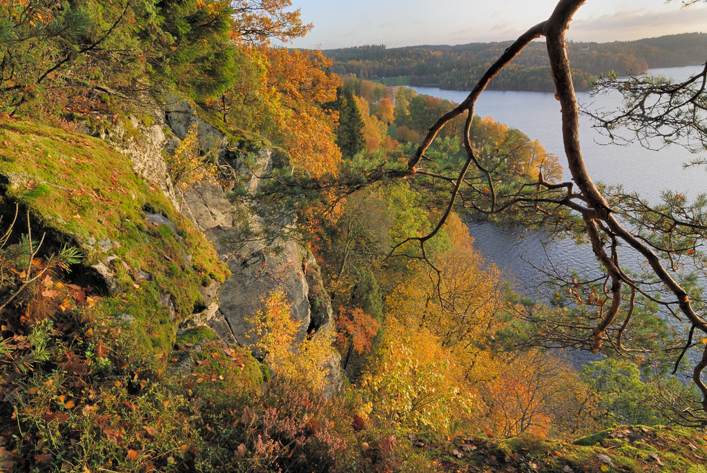 En bild tagen från en höjd ner mot en sjö som ligger intill en brant bergssluttning som är klädd av höstens alla tänkbara färger eftersom trädtopparna intagit sin höstskrud.