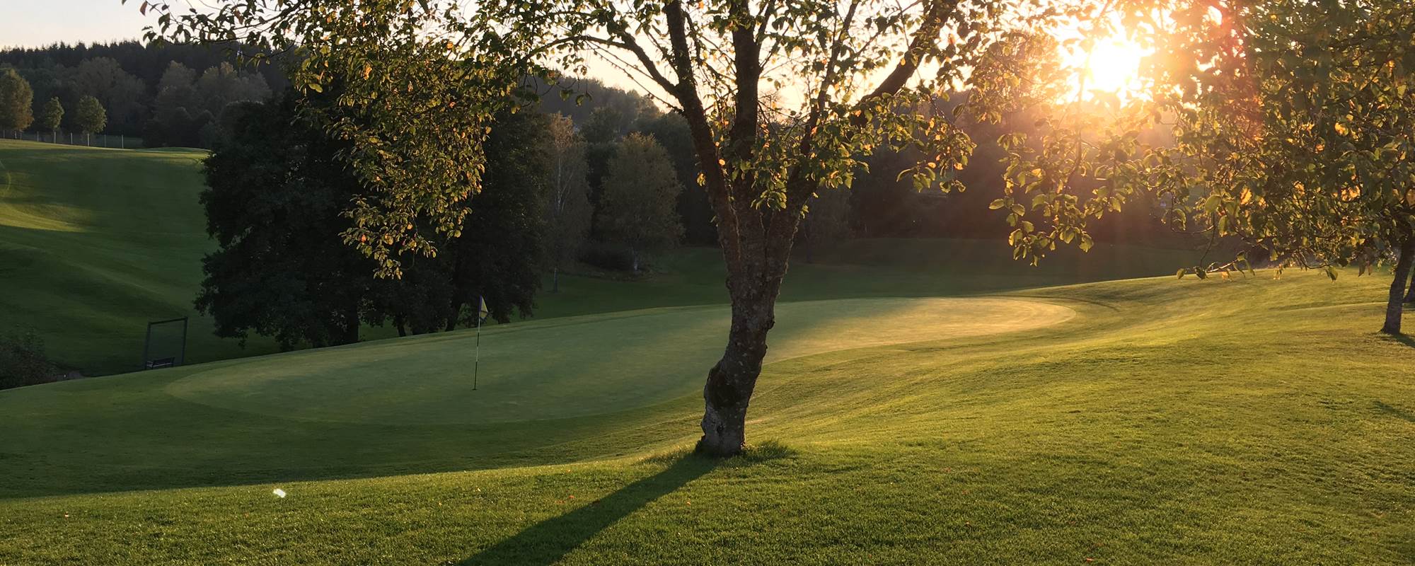 En bild på solnedgång över välklippta, gröna gräsmattor på en stor golfbana.